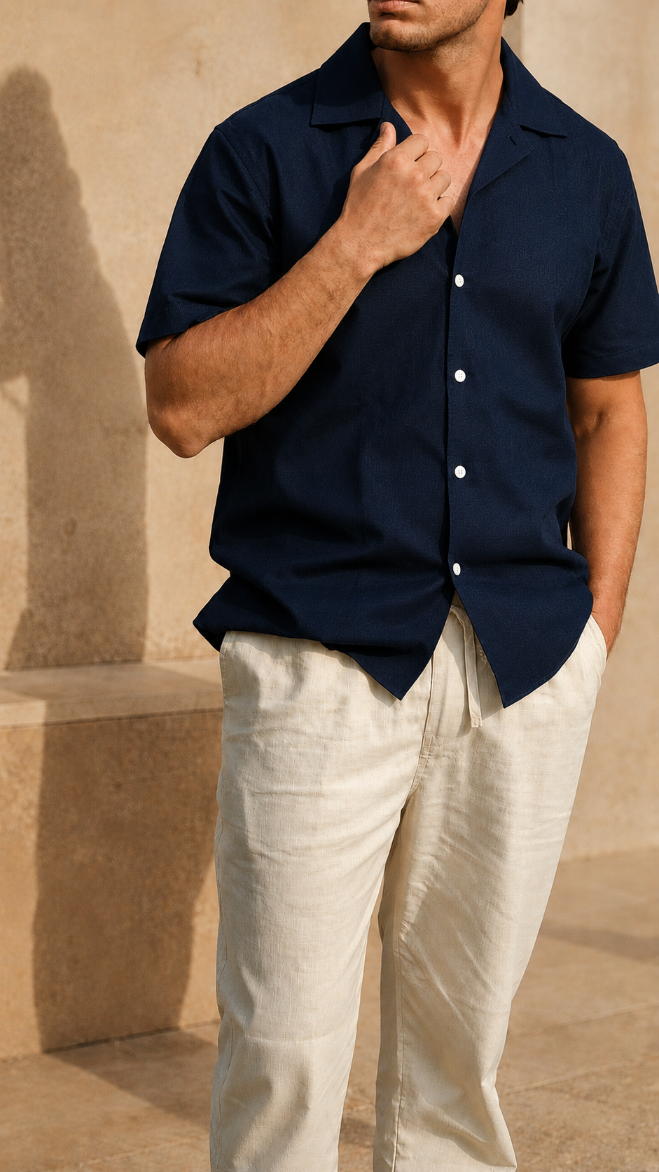 Cuban Collar Half Sleeve Men's Belgium Linen Navy Shirt | Summer Wear