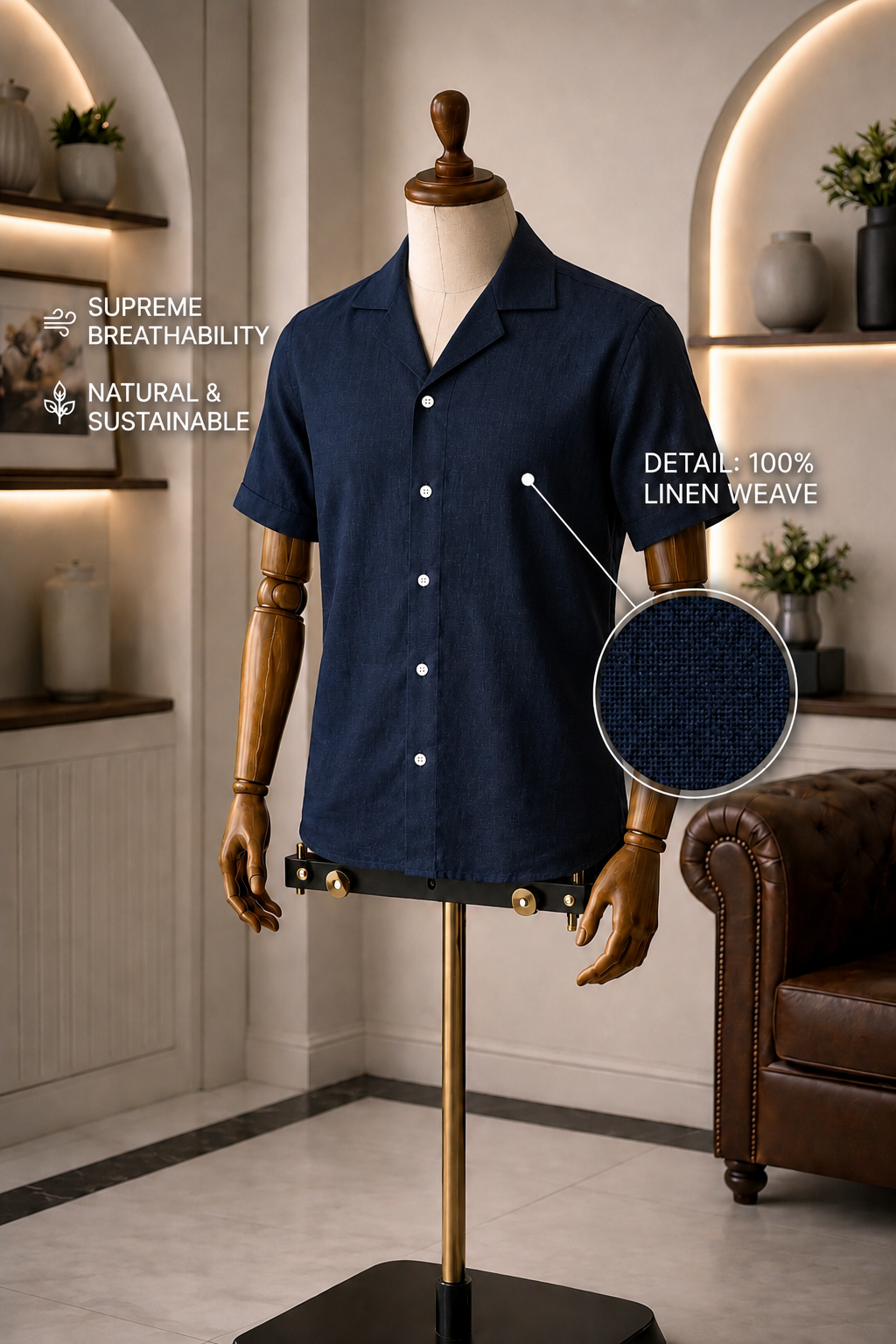 Cuban Collar Half Sleeve Men's Belgium Linen Navy Shirt | Summer Wear