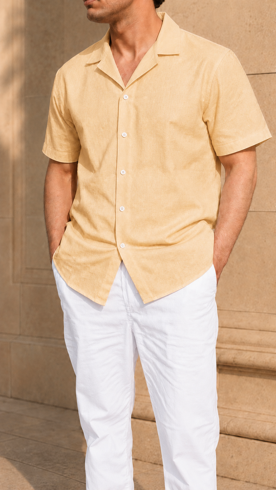 Cuban Collar Half Sleeve Men's Belgium Linen Khaki Shirt | Summer Wear