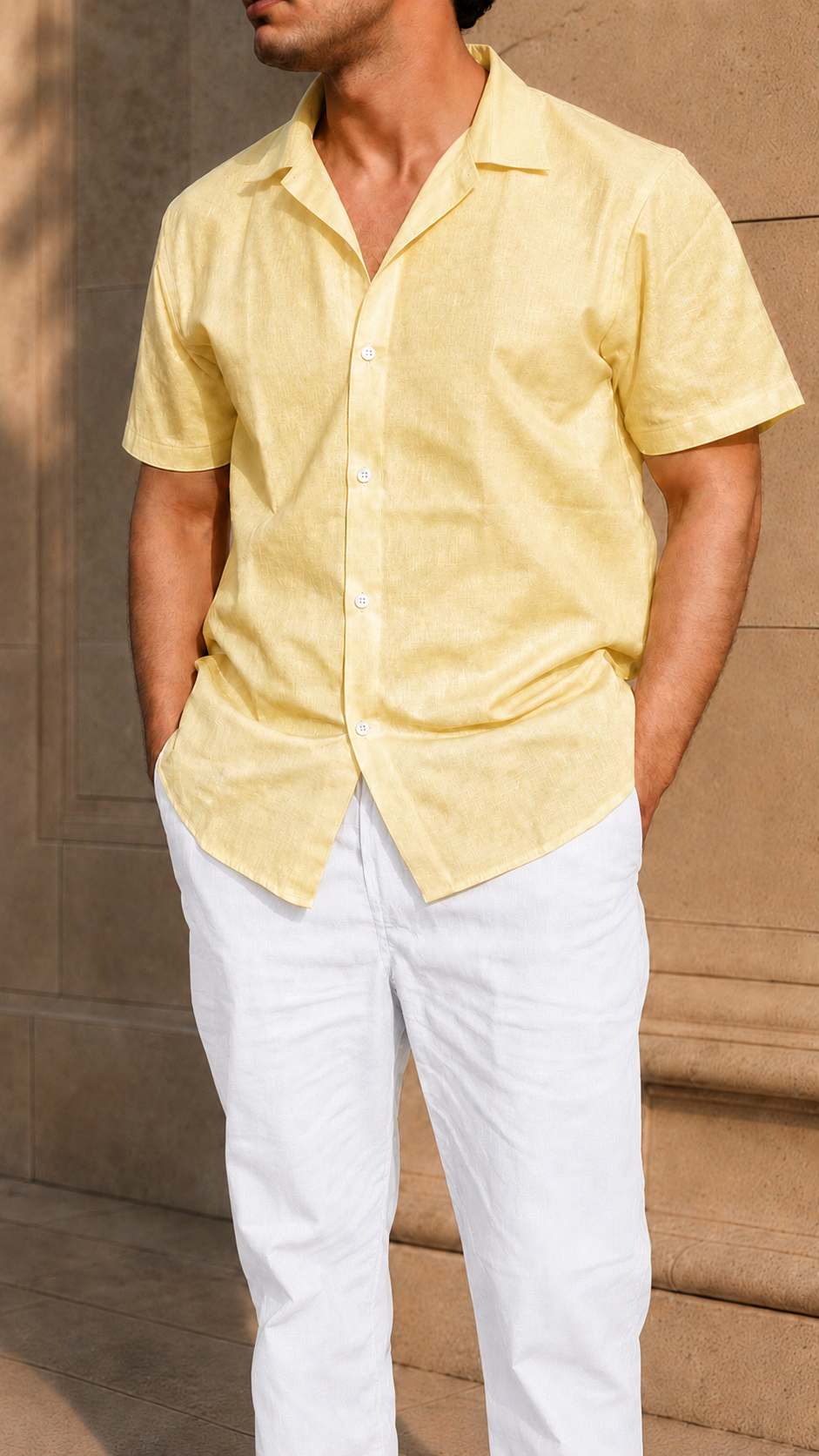 Cuban Collar Half Sleeve Men's Belgium Linen Yellow Shirt | Summer Wear