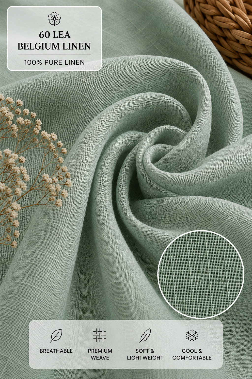 French Cuff 100% Belgium Linen Green Fabric.