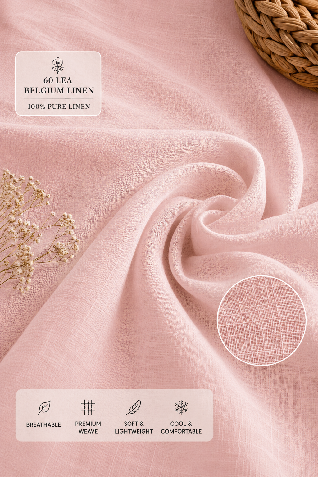 60 LEA | 100% Belgium Linen Fabric - Baby Pink