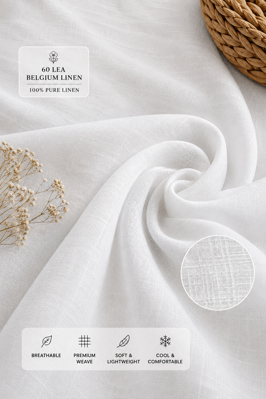 French Cuff 100% Belgium Linen White Fabric.