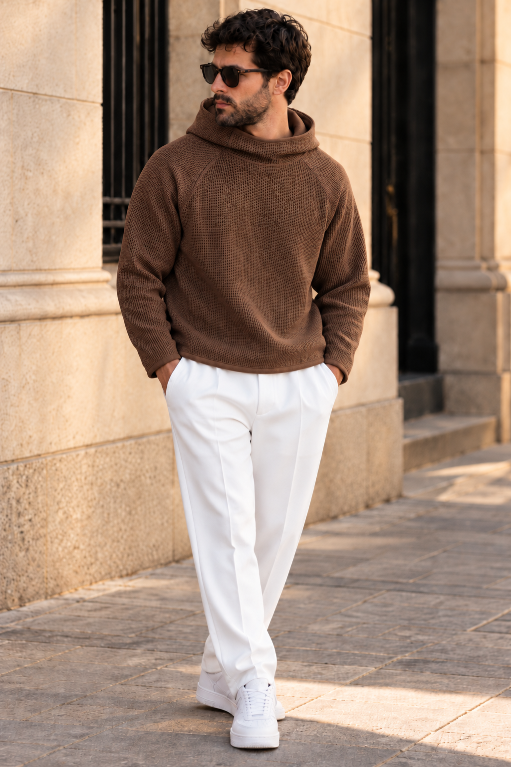 Men’s Brown Waffle Knit Hoodie | Cowl Neck Pullover