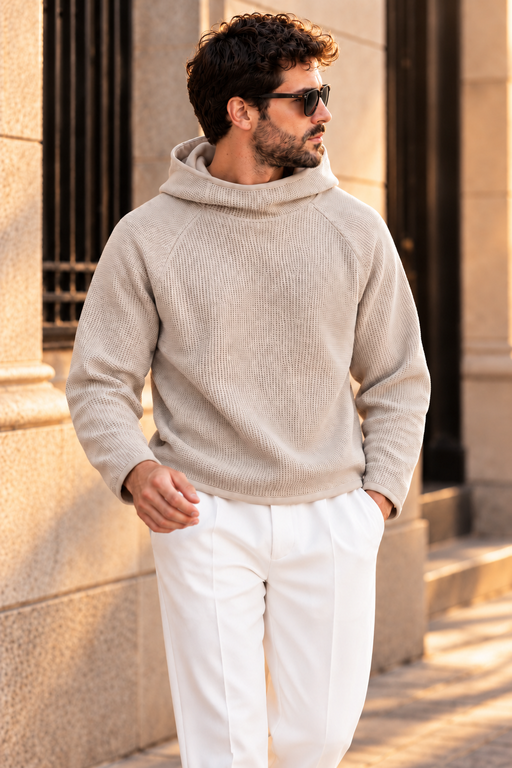 Men’s Beige Waffle Knit Hoodie | Cowl Neck Pullover
