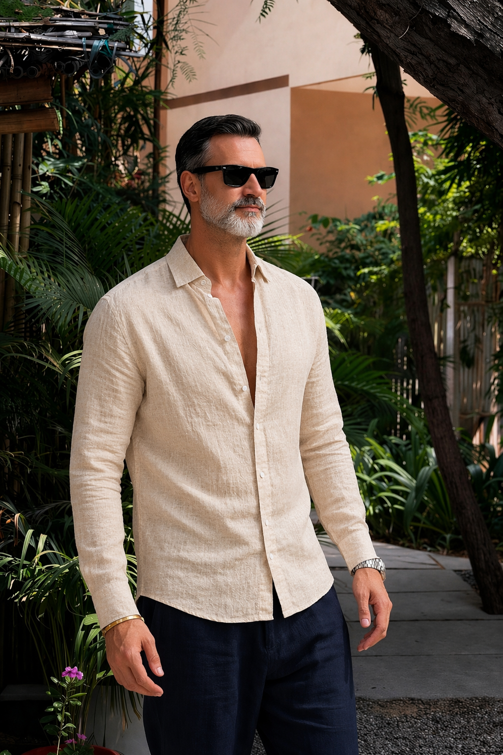 Full Sleeve Linen Pair For Men | Beige Linen Shirt with Navy Linen Pant