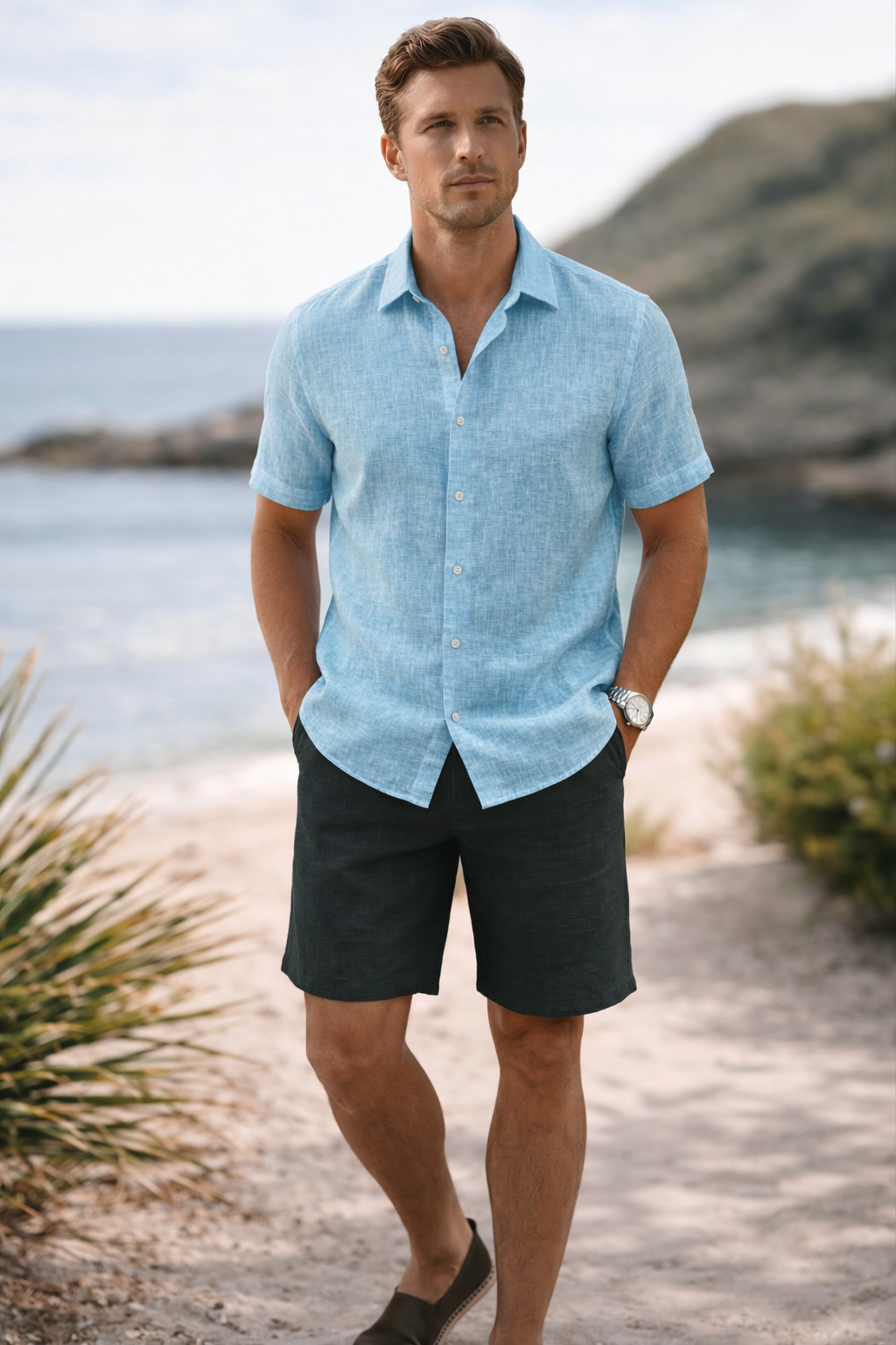 Half Sleeve Men's Pure Linen Sky Blue Shirt | Summer Wear