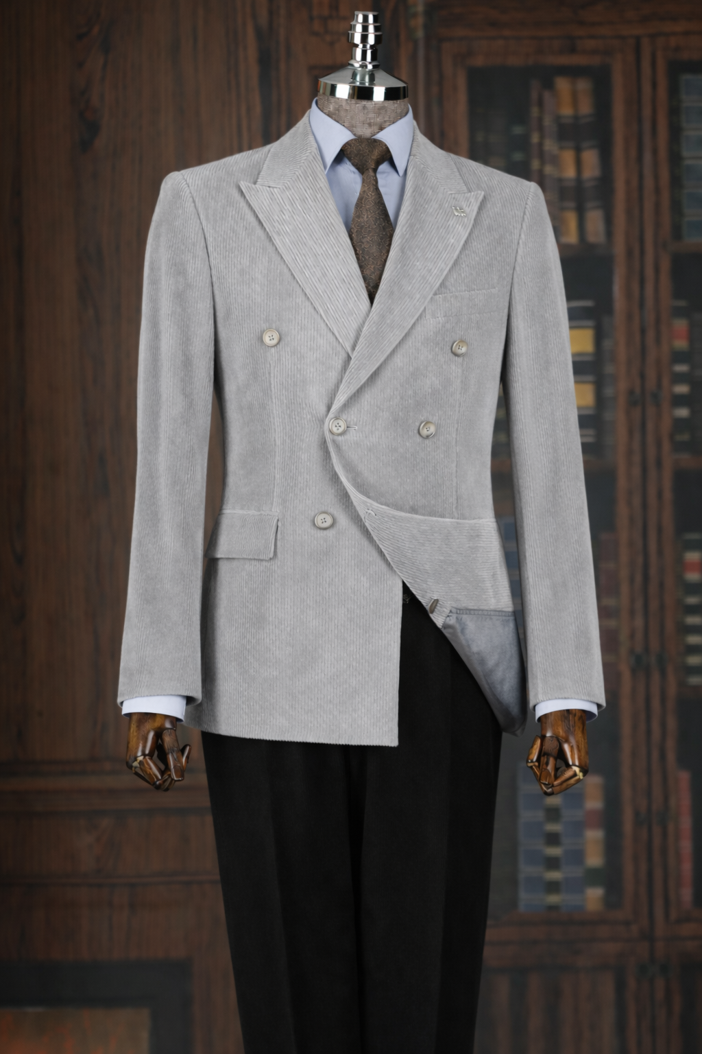 French Cuff Men's Corduroy Light Grey Double Breasted Blazer