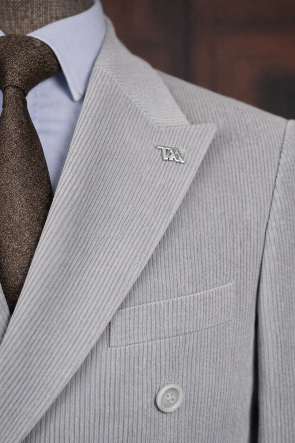 French Cuff Men's Corduroy Light Grey Double Breasted Blazer