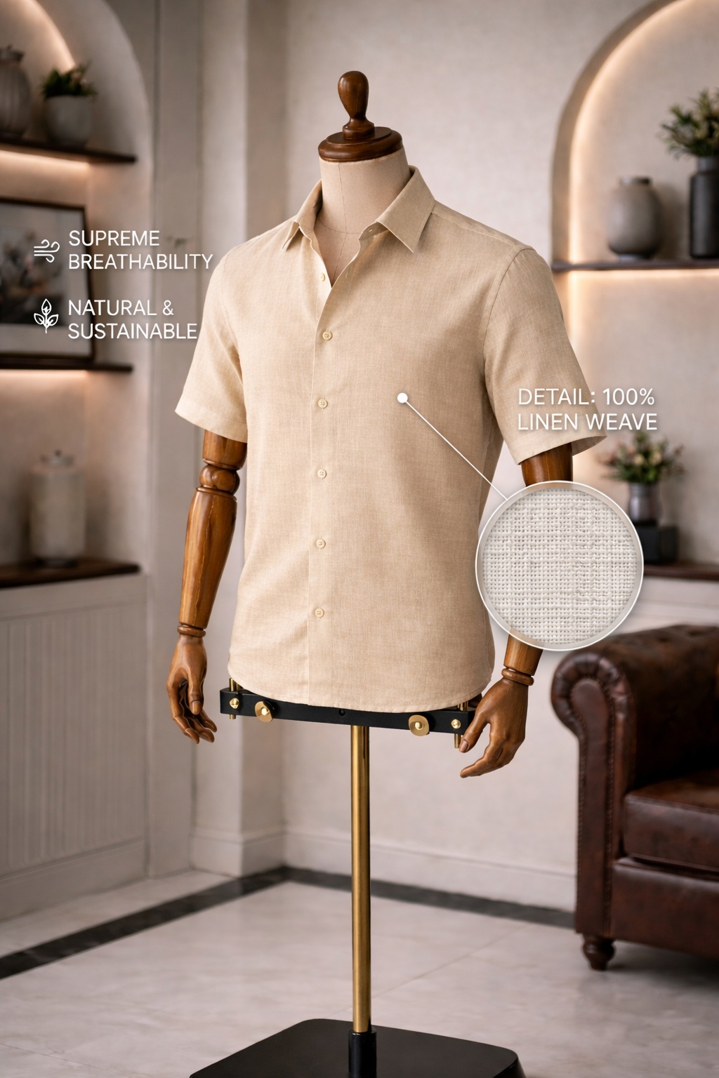 French Cuff Men's Pure Linen Beige Half Sleeve Shirt | Summer Wear