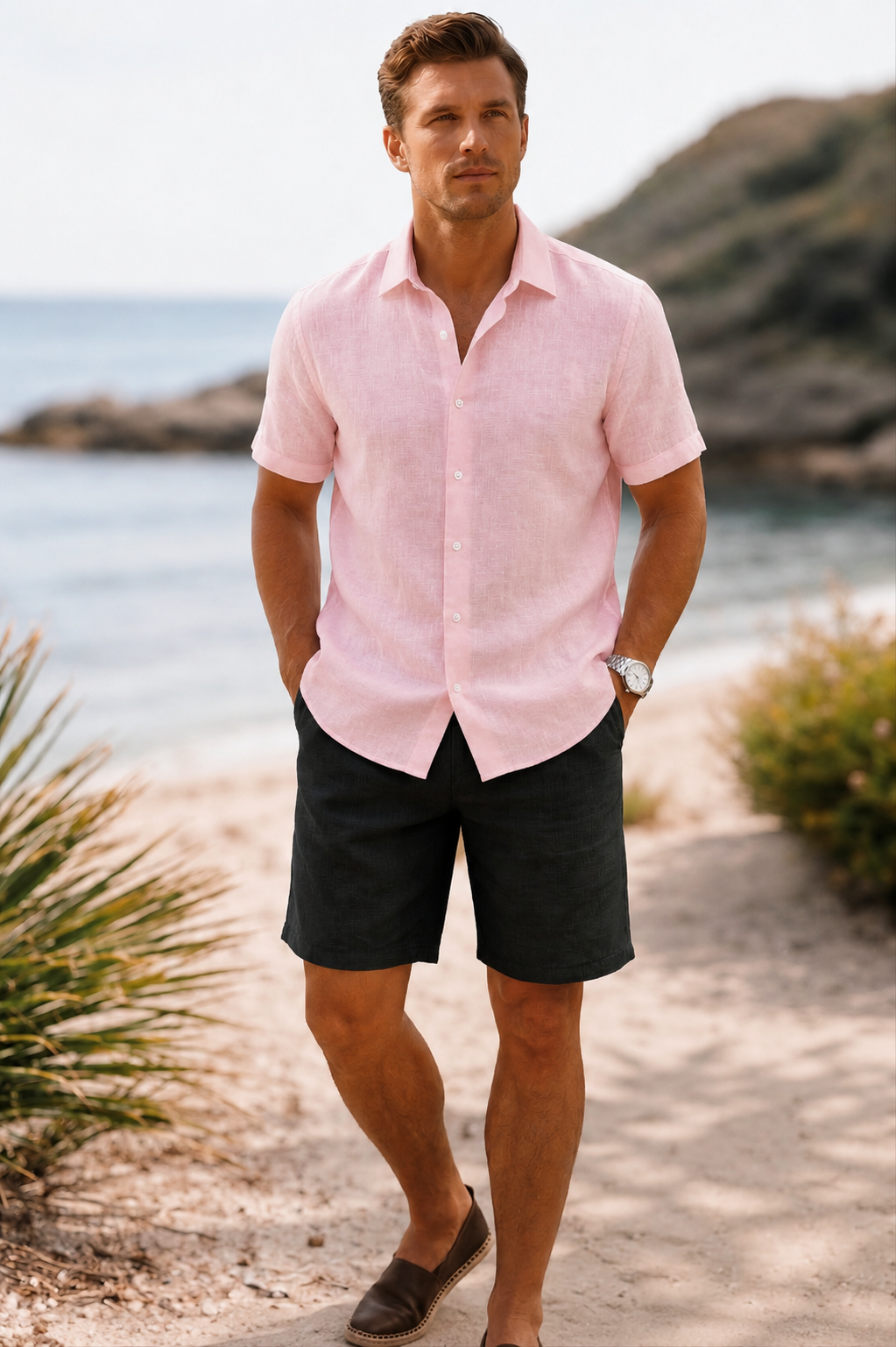 Half Sleeve Men's Pure Linen Powder Pink Shirt | Summer Wear