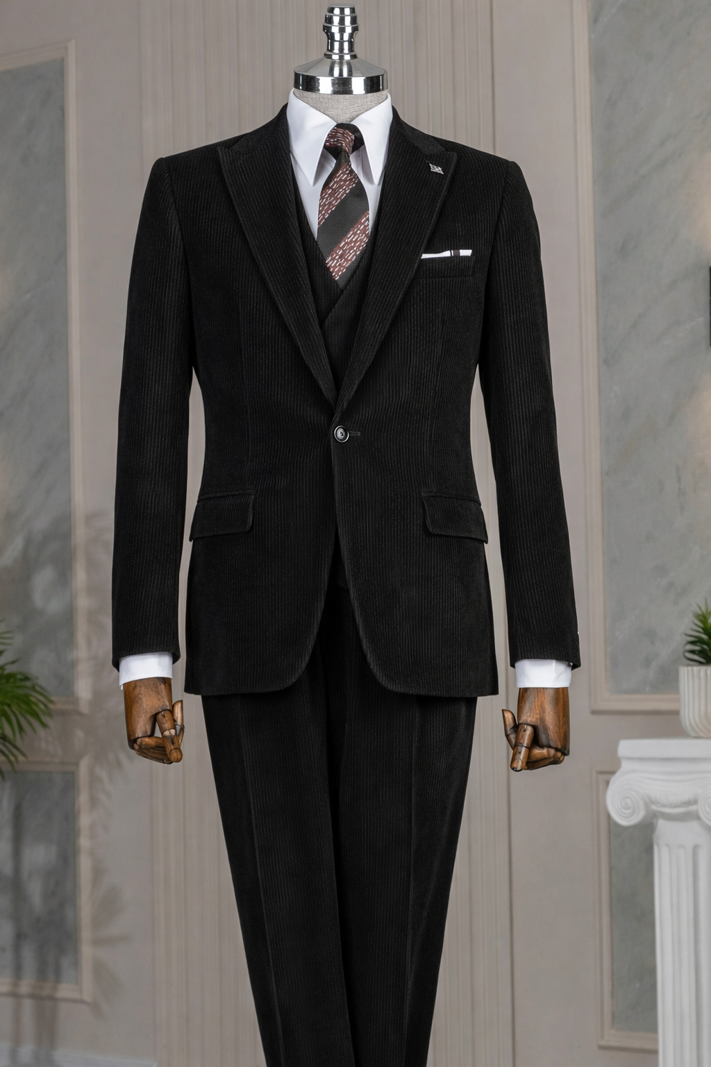 French Cuff Black Corduroy Single Buttoned 3-Piece Suit