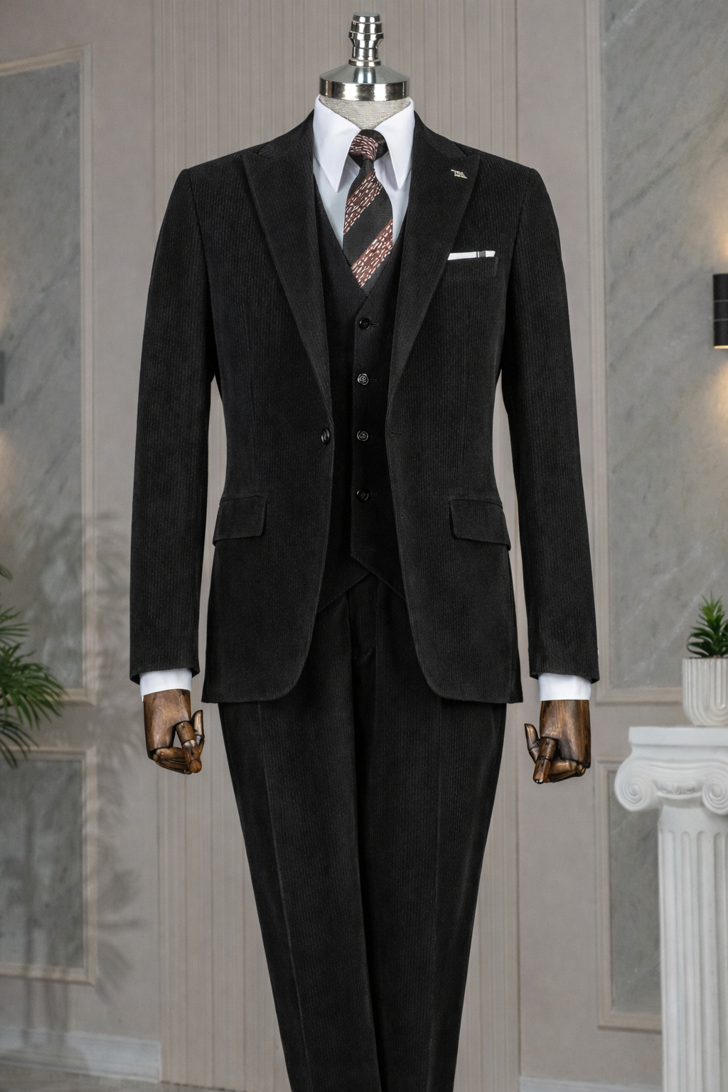 French Cuff Black Corduroy Single Buttoned 3-Piece Suit