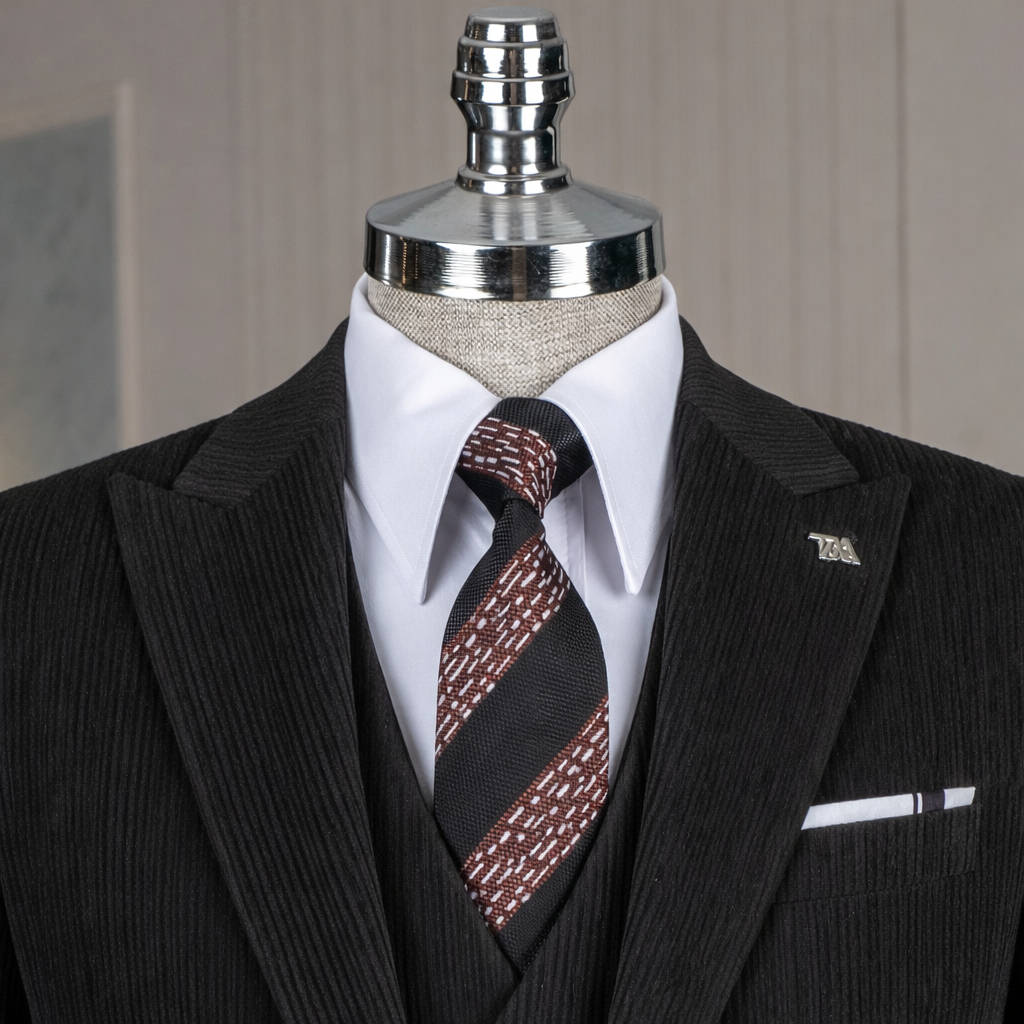 French Cuff Black Corduroy Single Buttoned 3-Piece Suit