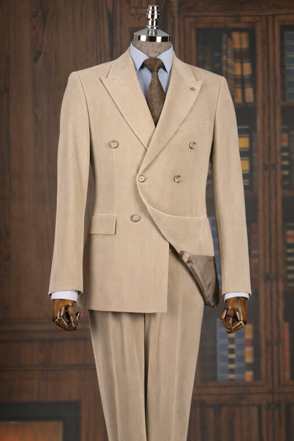 French Cuff Corduroy Beige Double Breasted 2-Piece Suit