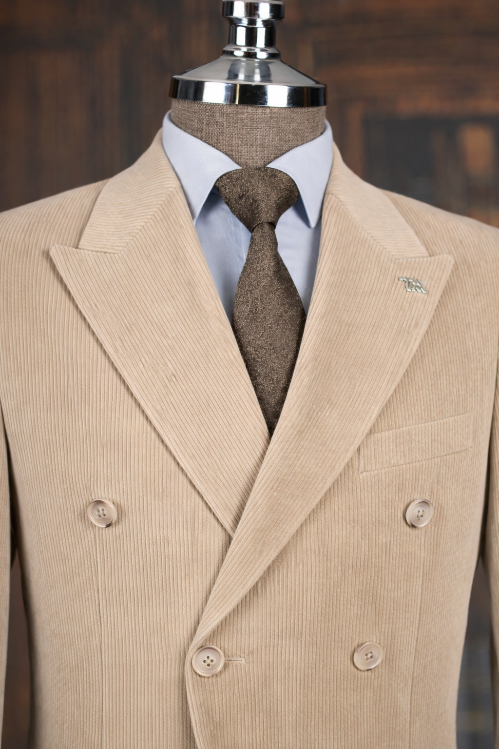 French Cuff Corduroy Beige Double Breasted 2-Piece Suit