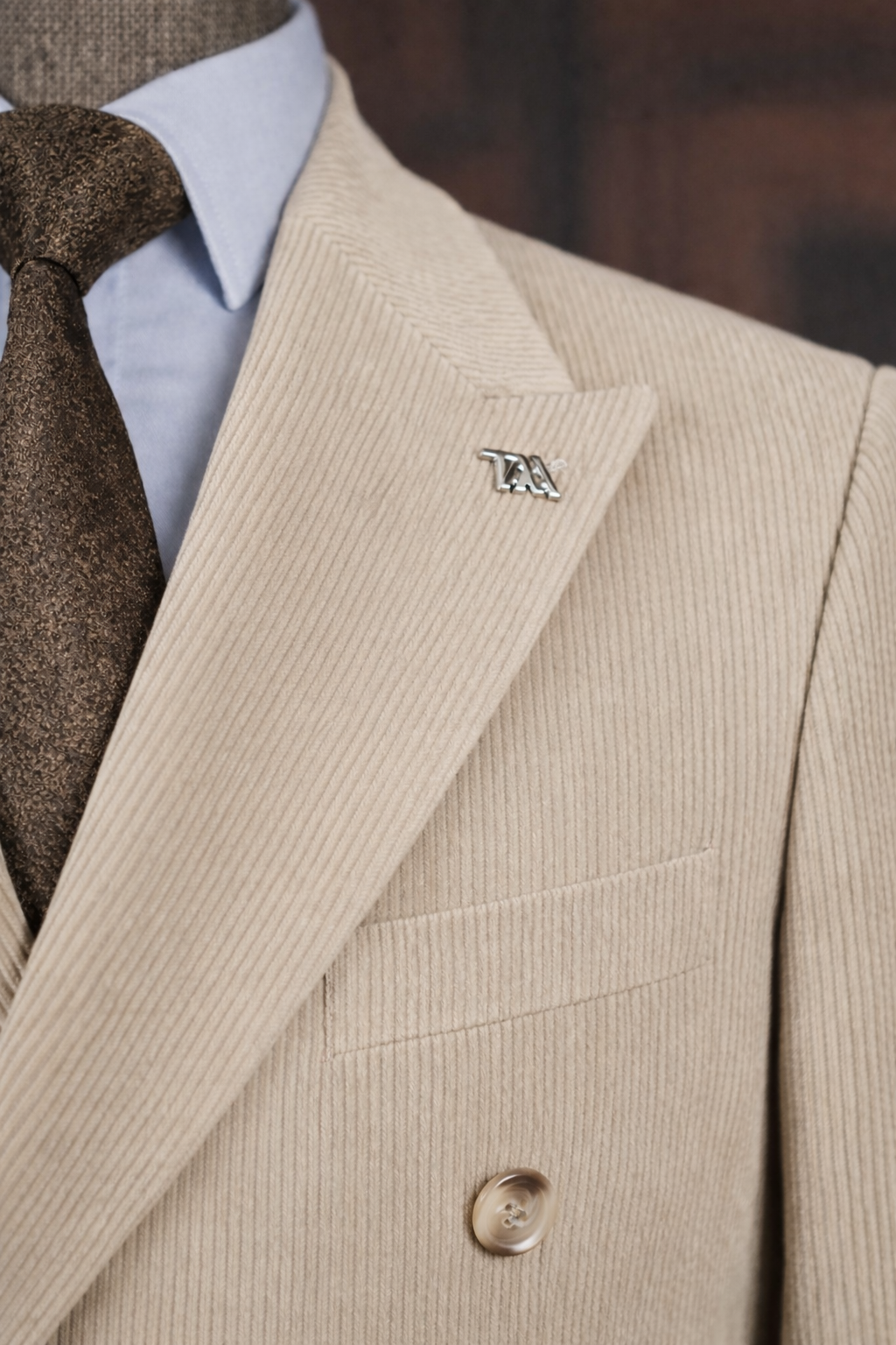 French Cuff Corduroy Beige Double Breasted 2-Piece Suit