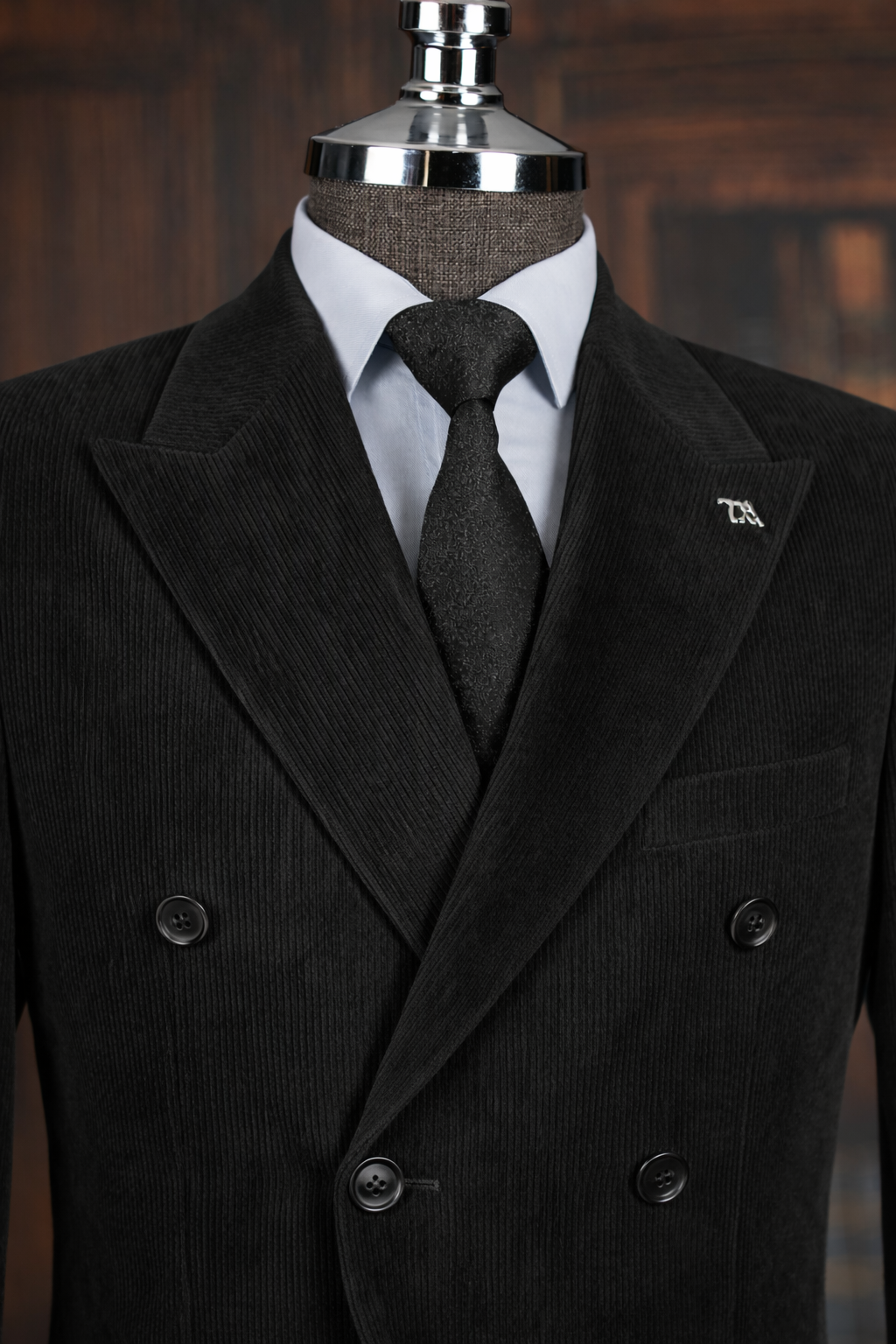 French Cuff Corduroy Black Double Breasted 2-Piece Suit
