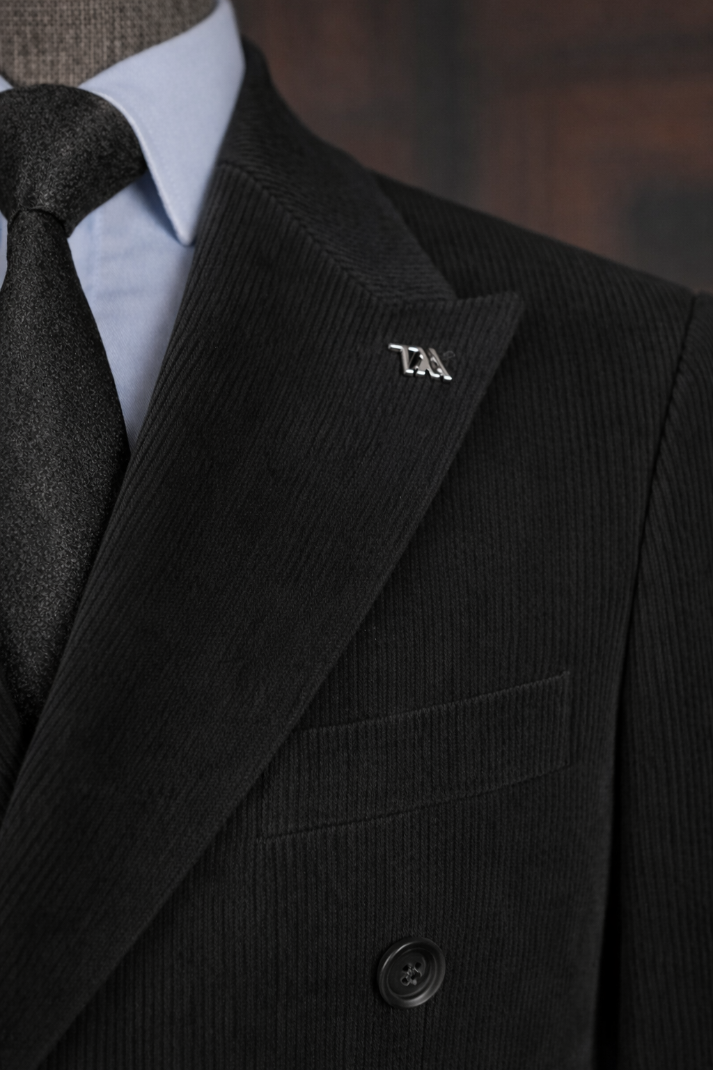 French Cuff Corduroy Black Double Breasted 2-Piece Suit