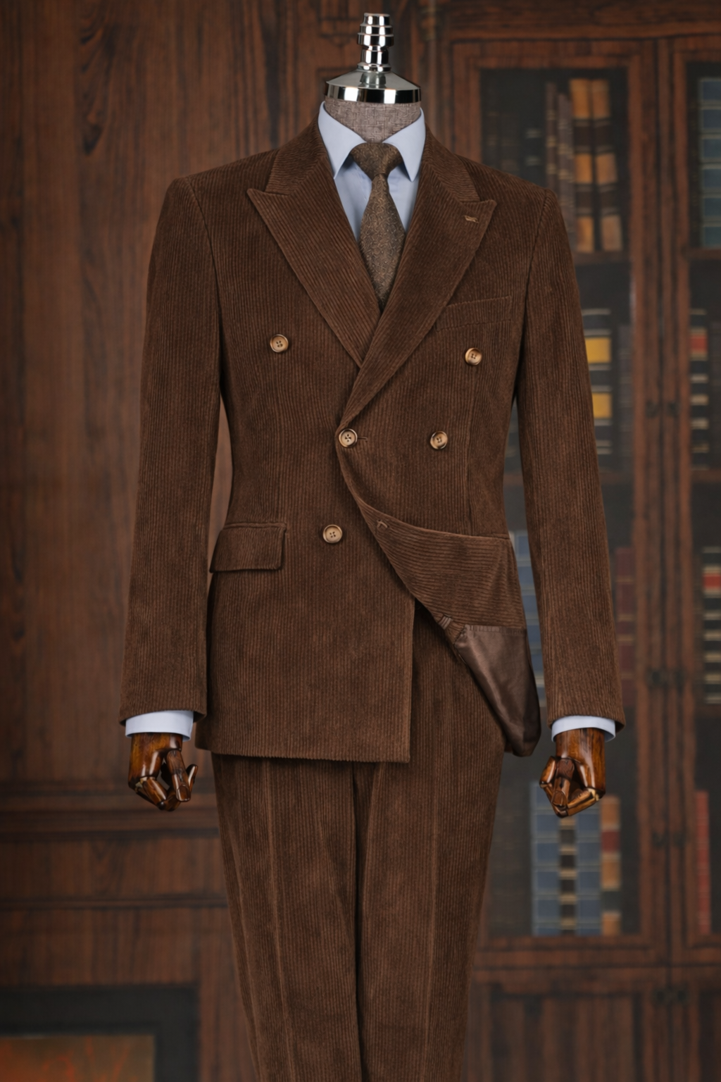 French Cuff Corduroy Brown Double Breasted 2-Piece Suit