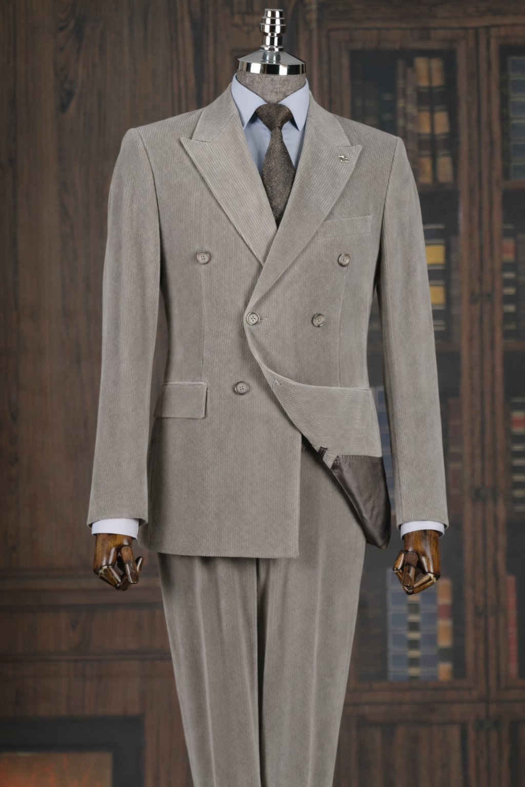 French Cuff Corduroy Dark Grey Double Breasted 2-Piece Suit