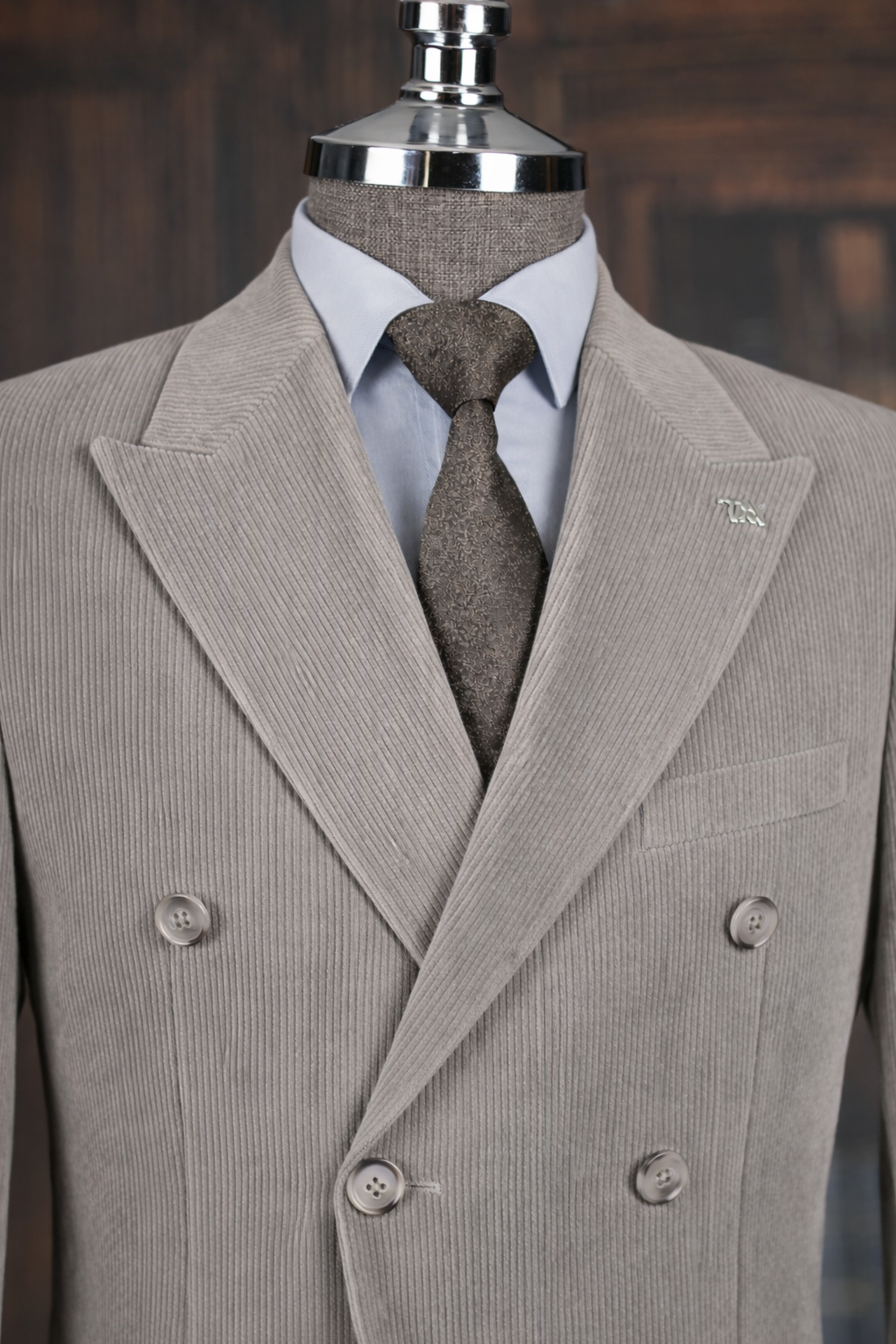 French Cuff Men's Corduroy Dark Grey Double Breasted  Blazer