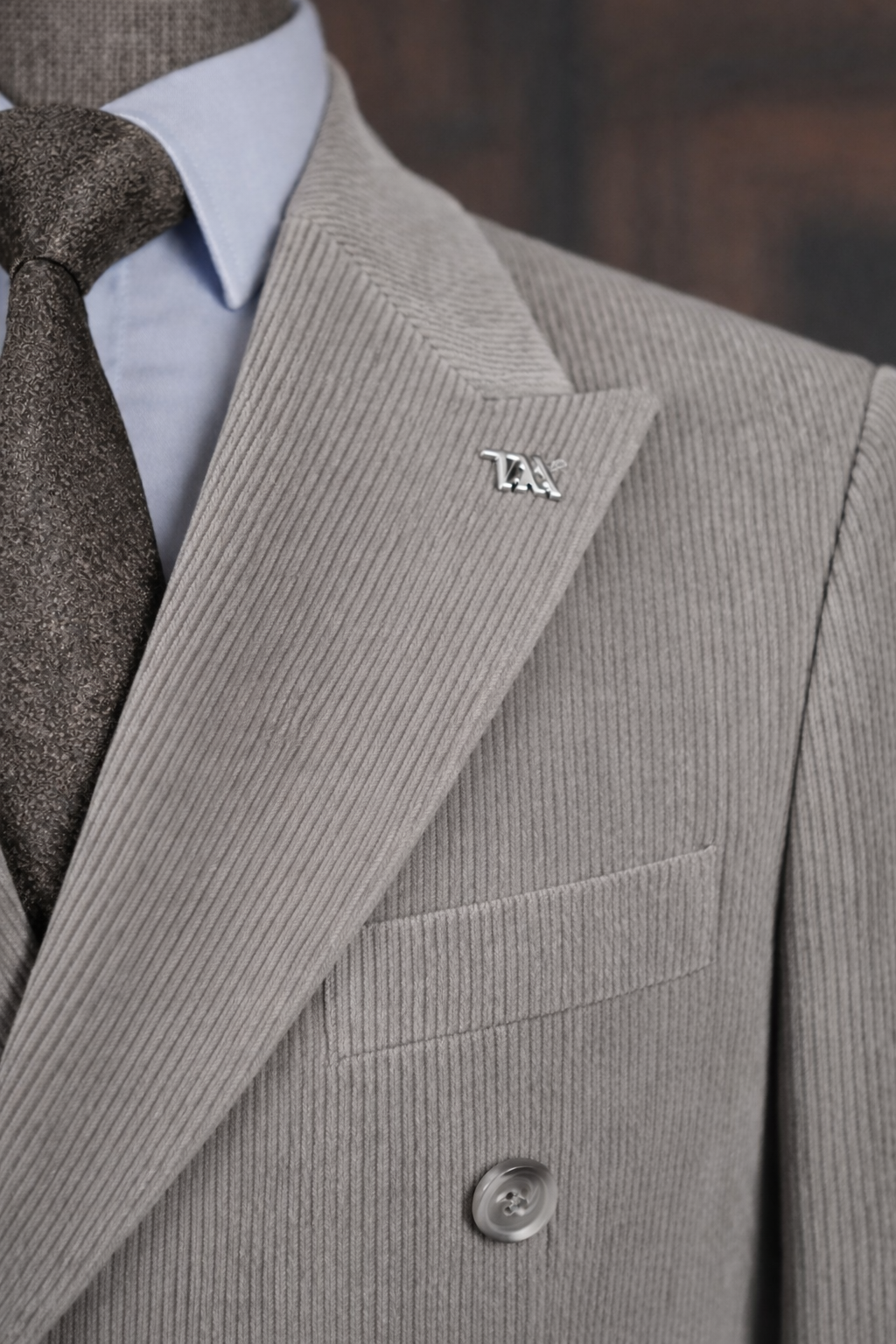 French Cuff Men's Corduroy Dark Grey Double Breasted  Blazer