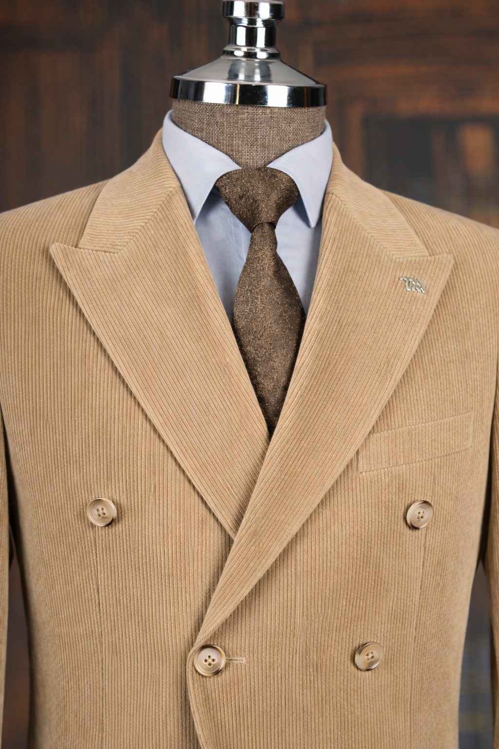 French Cuff Corduroy Khaki Double Breasted 2-Piece Suit