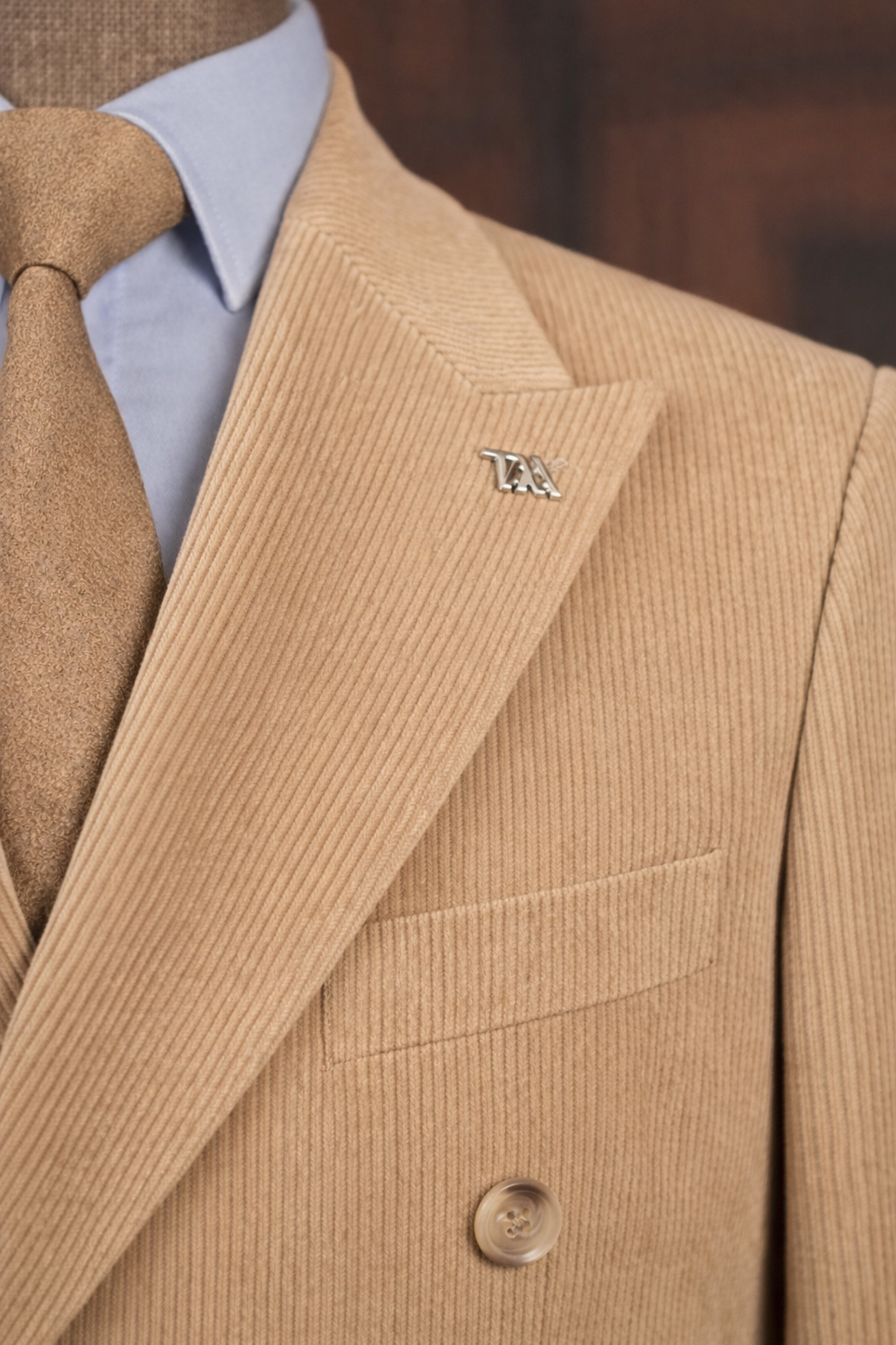 French Cuff Men's Corduroy Khaki Double Breasted Blazer