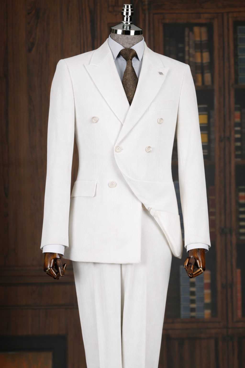 French Cuff Corduroy White Double Breasted 2-Piece Suit