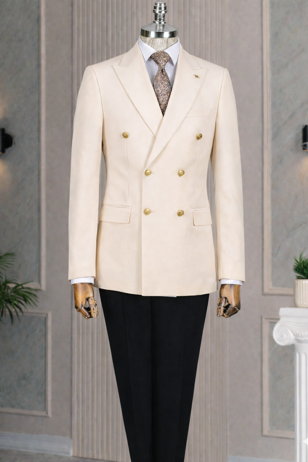 French Cuff Men's Beige Double Breasted Blazer