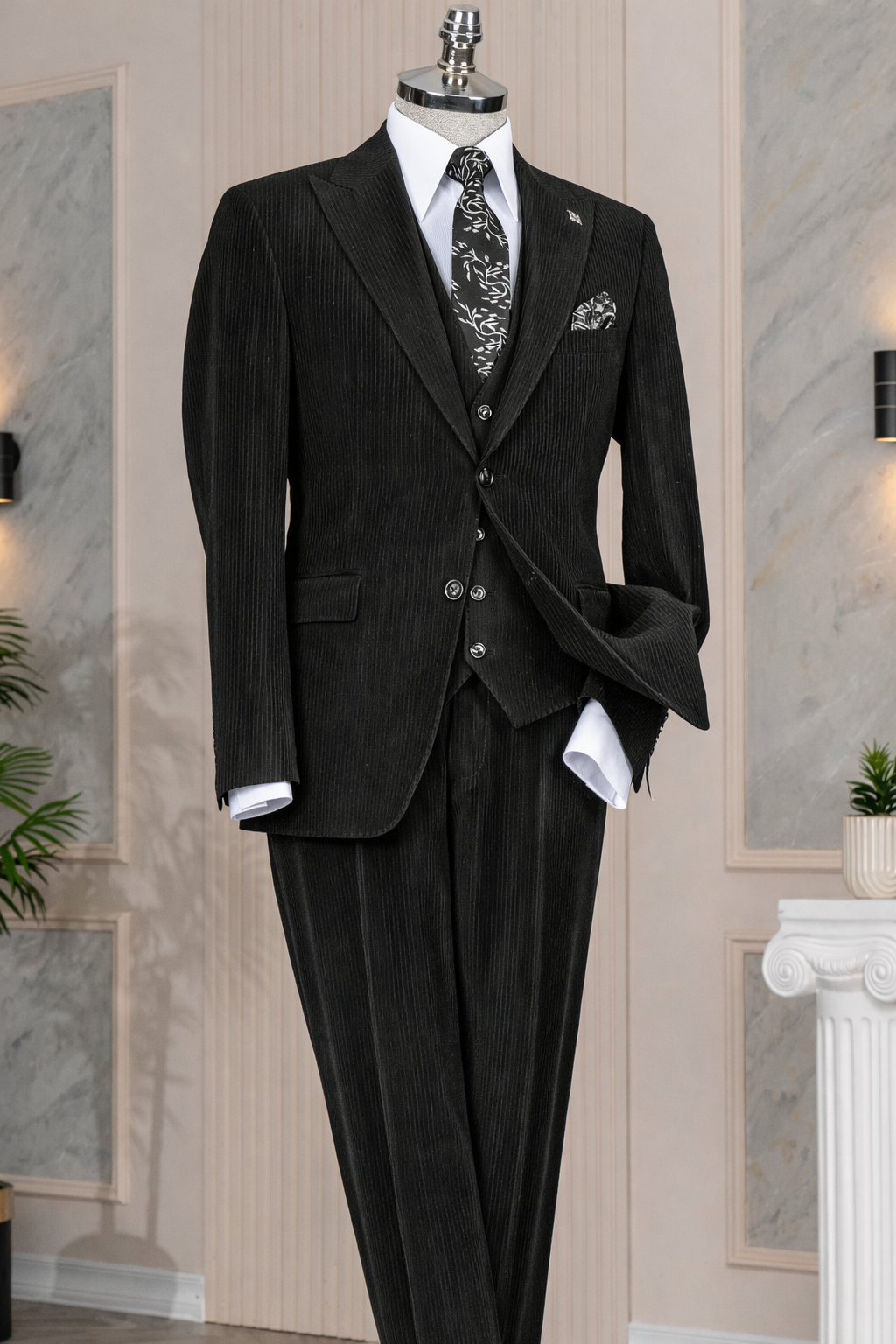 French Cuff Men's Black Corduroy Double Buttoned 3-Piece Suit