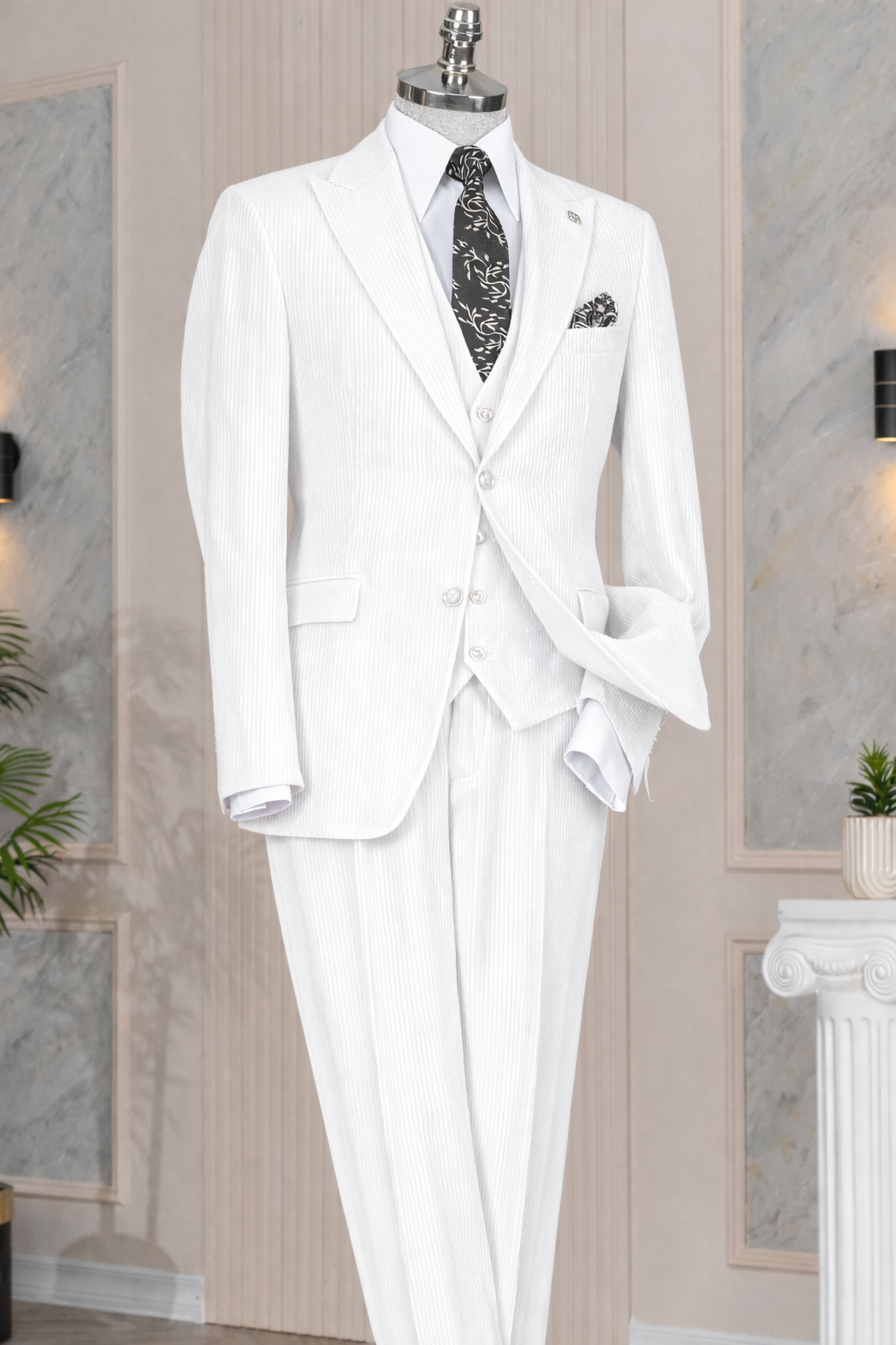 French Cuff Men's White Corduroy Double Buttoned 3-Piece Suit