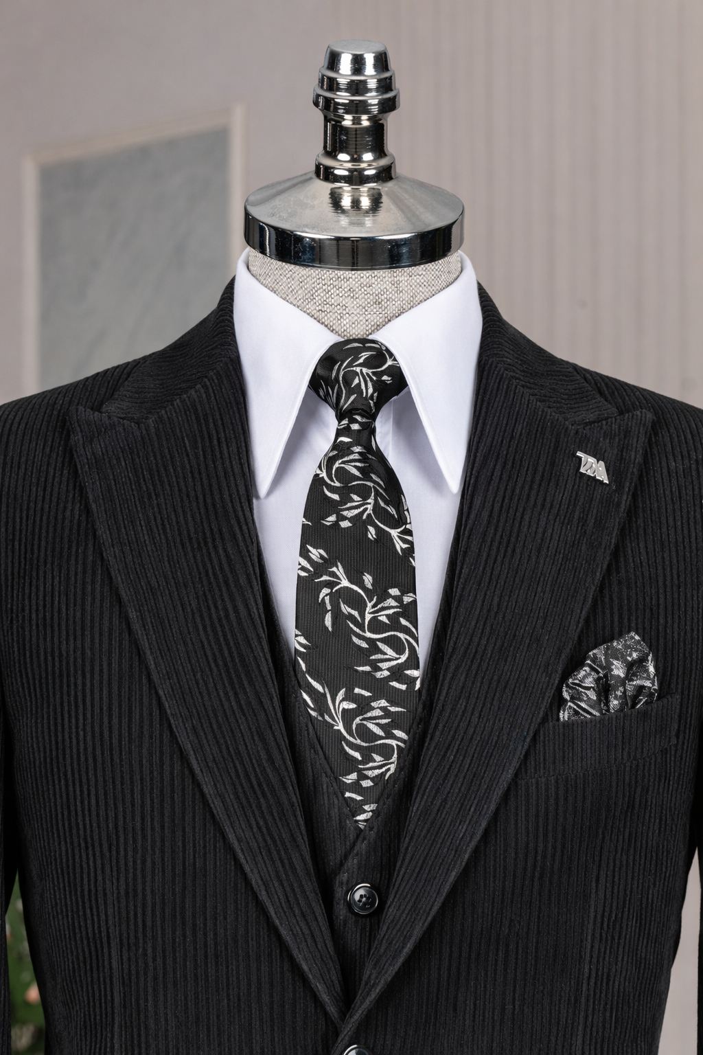 French Cuff Men's Black Corduroy Double Buttoned 3-Piece Suit