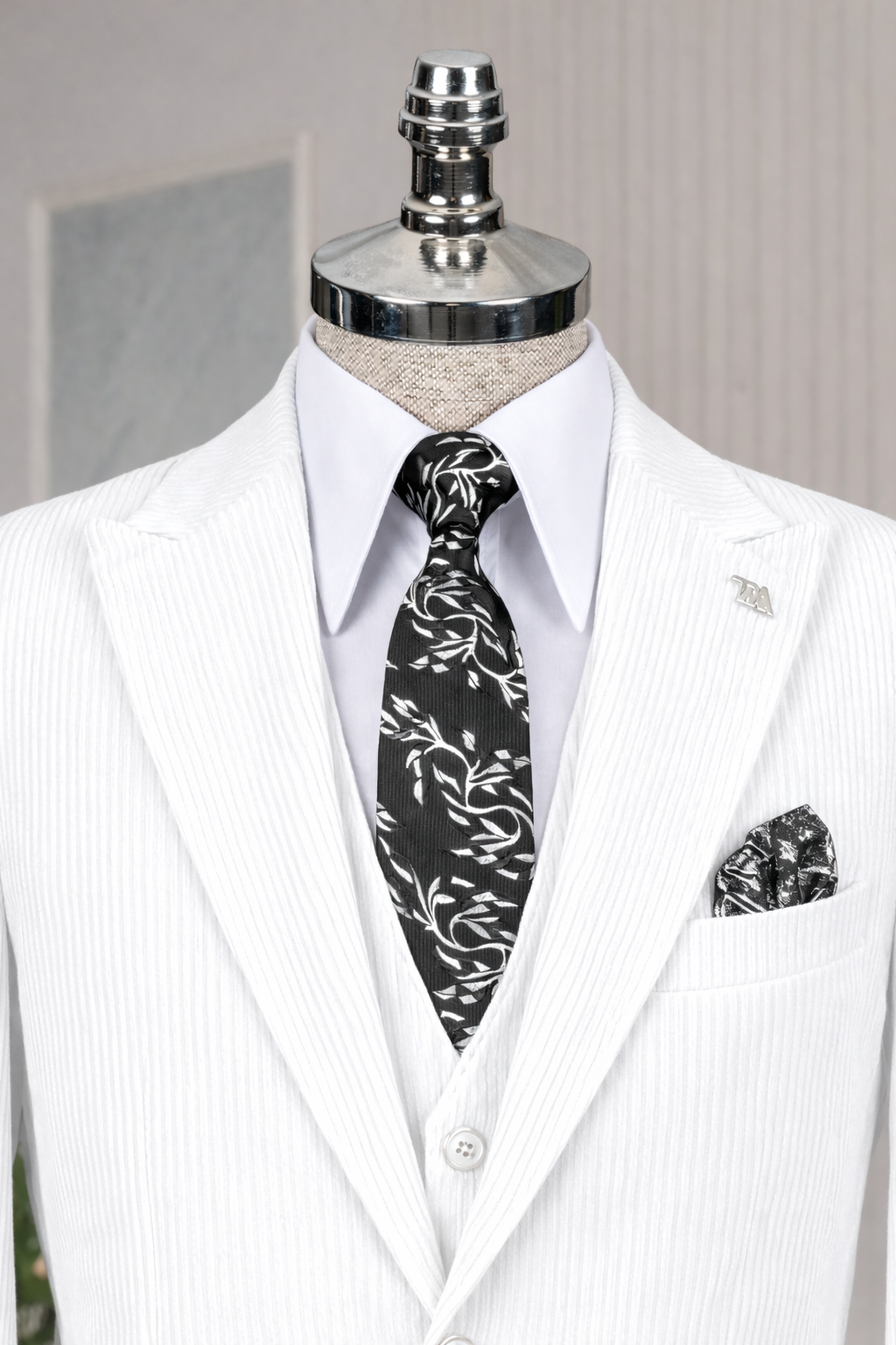 French Cuff Men's White Corduroy Double Buttoned 3-Piece Suit