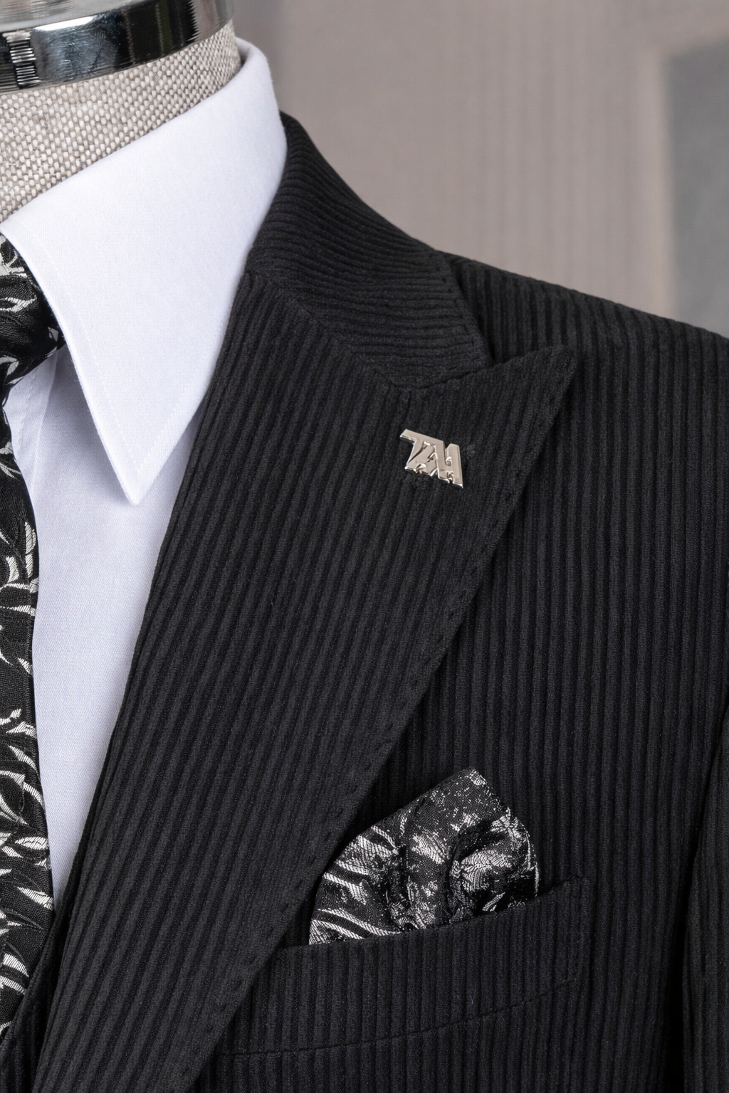 French Cuff Men's Black Corduroy Double Buttoned 3-Piece Suit