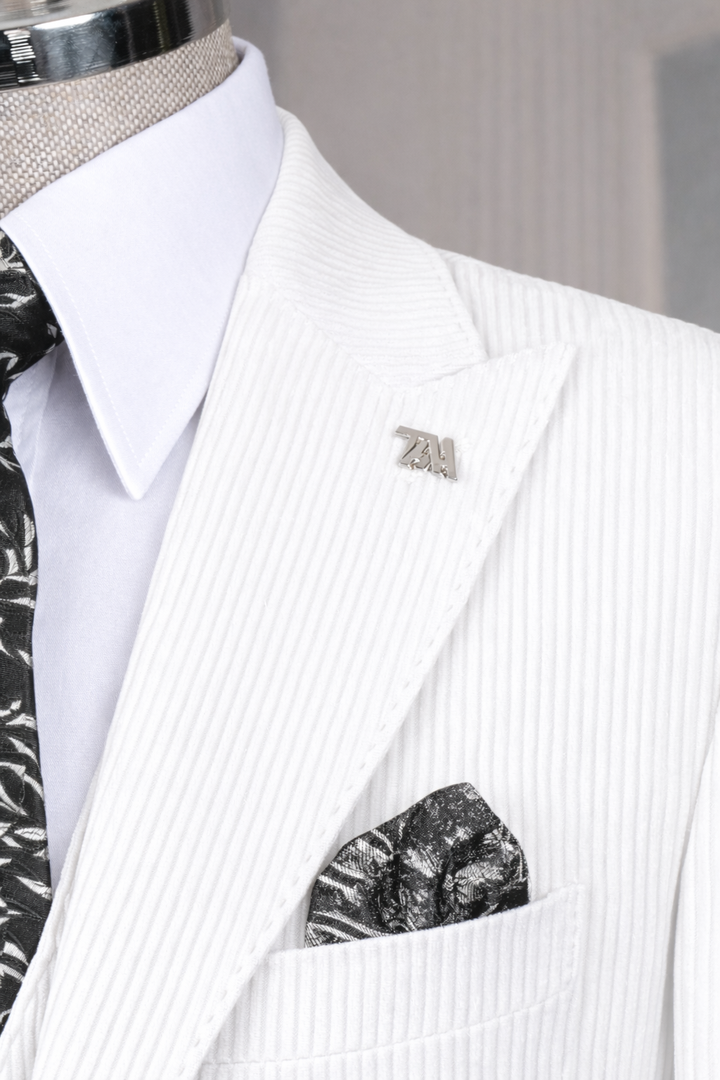 French Cuff Men's White Corduroy Double Buttoned 3-Piece Suit