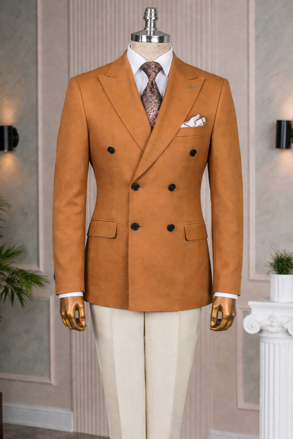 French Cuff Men's Camel Double Breasted Blazer
