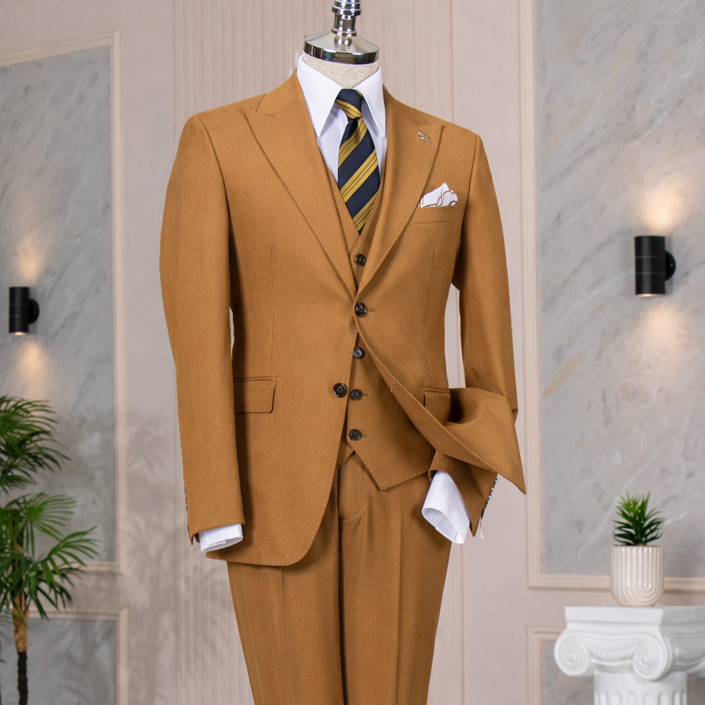 French Cuff Men's Camel Double Buttoned 3-Piece Suit