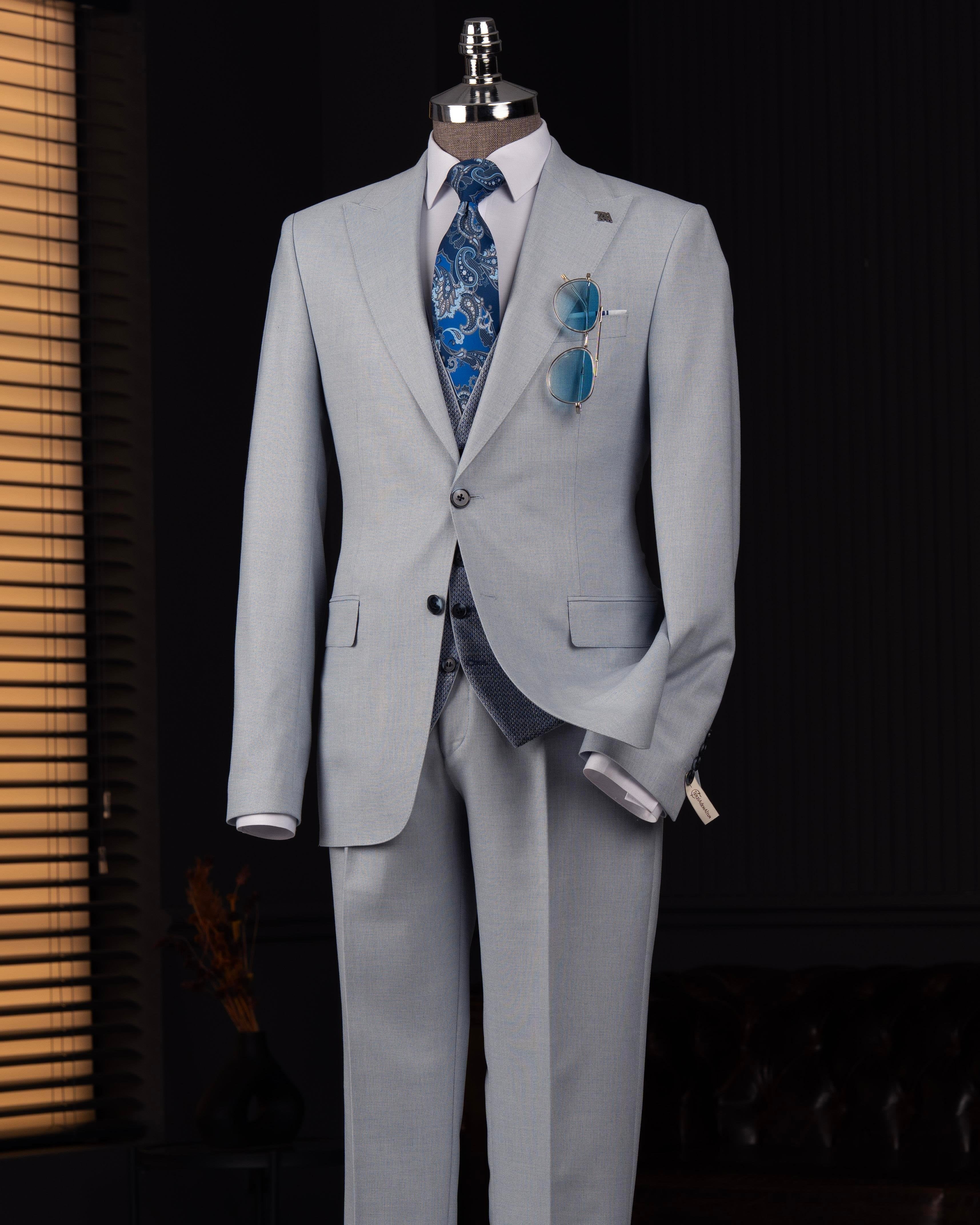 French Cuff Men's Grey Double Buttoned 3-Piece Suit