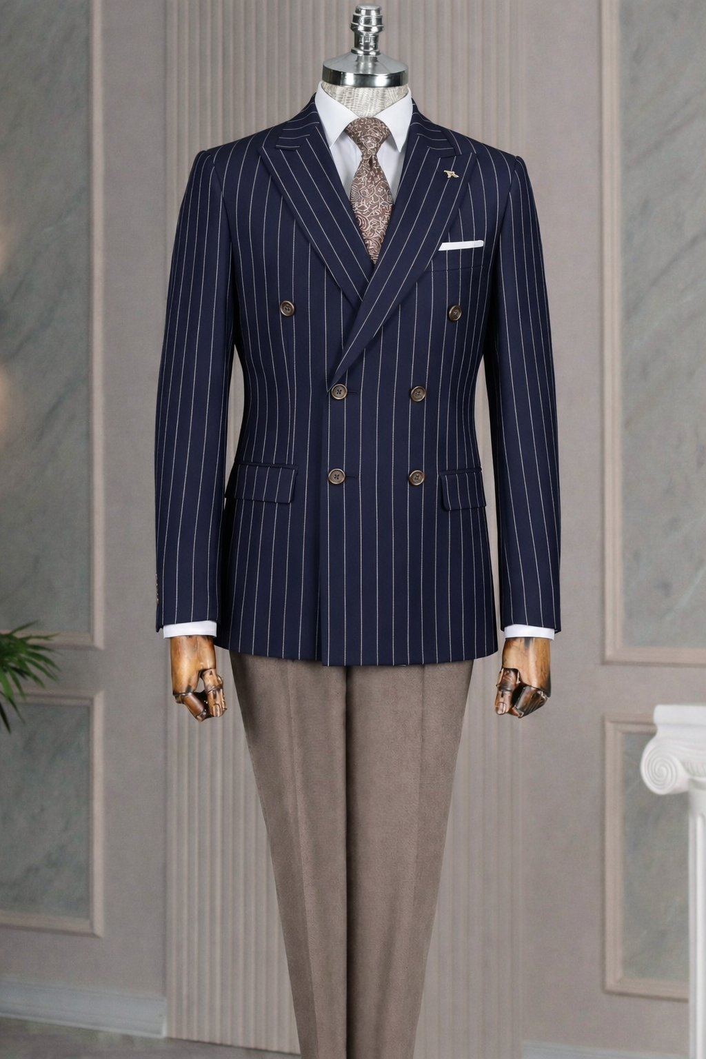 French Cuff Men's Navy Striped Double Breasted Blazer