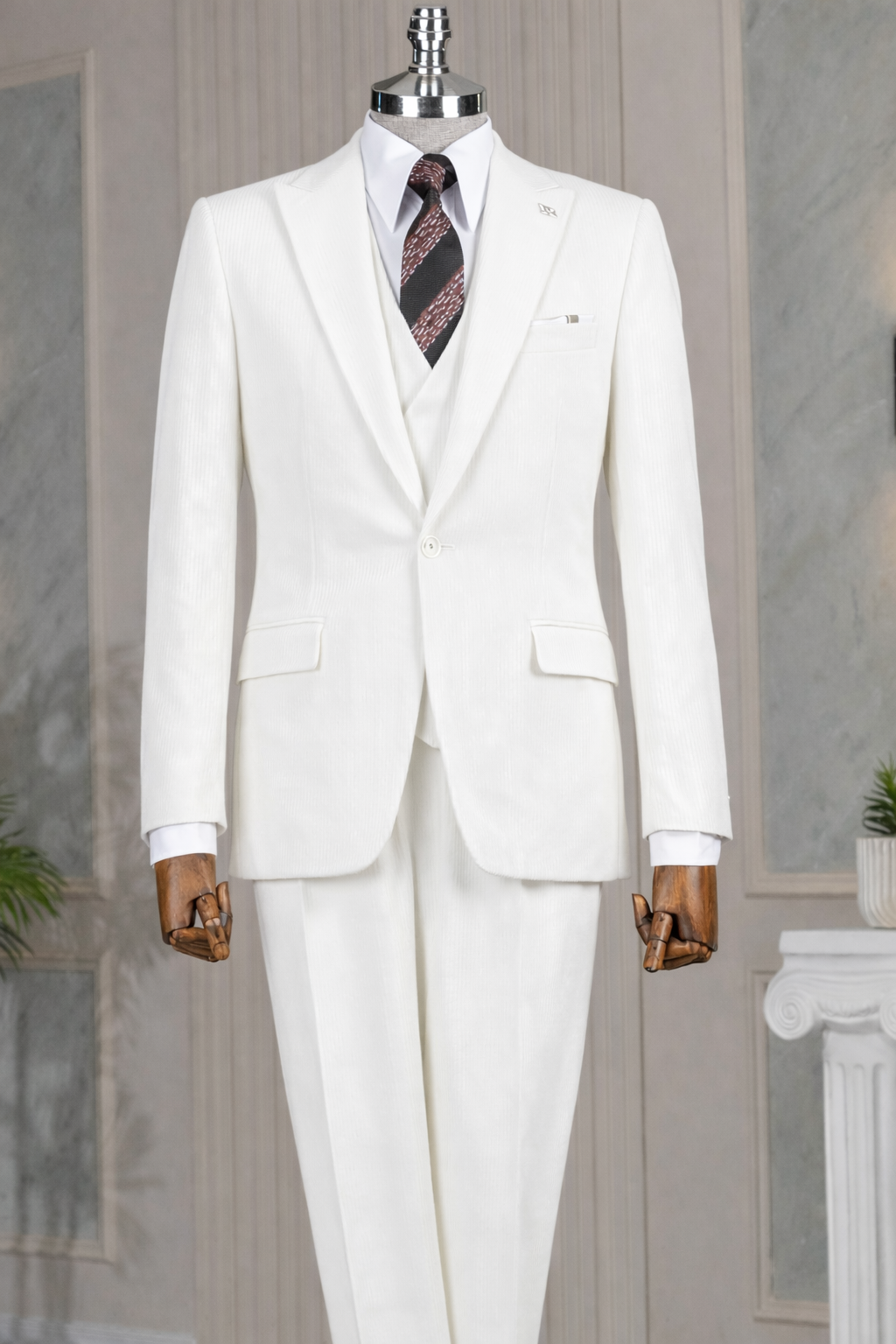 French Cuff men's White Corduroy Single Buttoned 3-Piece Suit