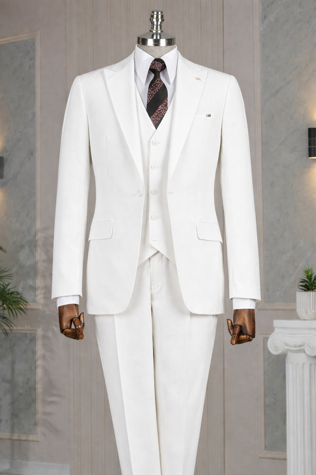 French Cuff men's White Corduroy Single Buttoned 3-Piece Suit