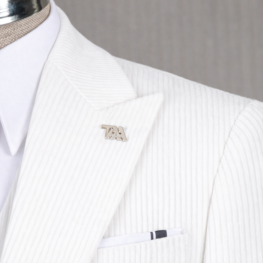 French Cuff men's White Corduroy Single Buttoned 3-Piece Suit