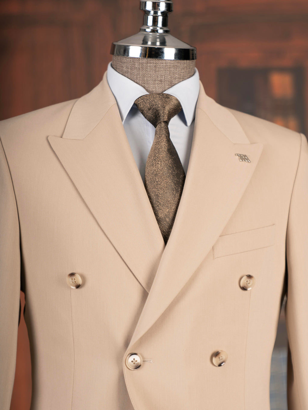 French Cuff Men's Beige Double Breasted 2-Piece Suit