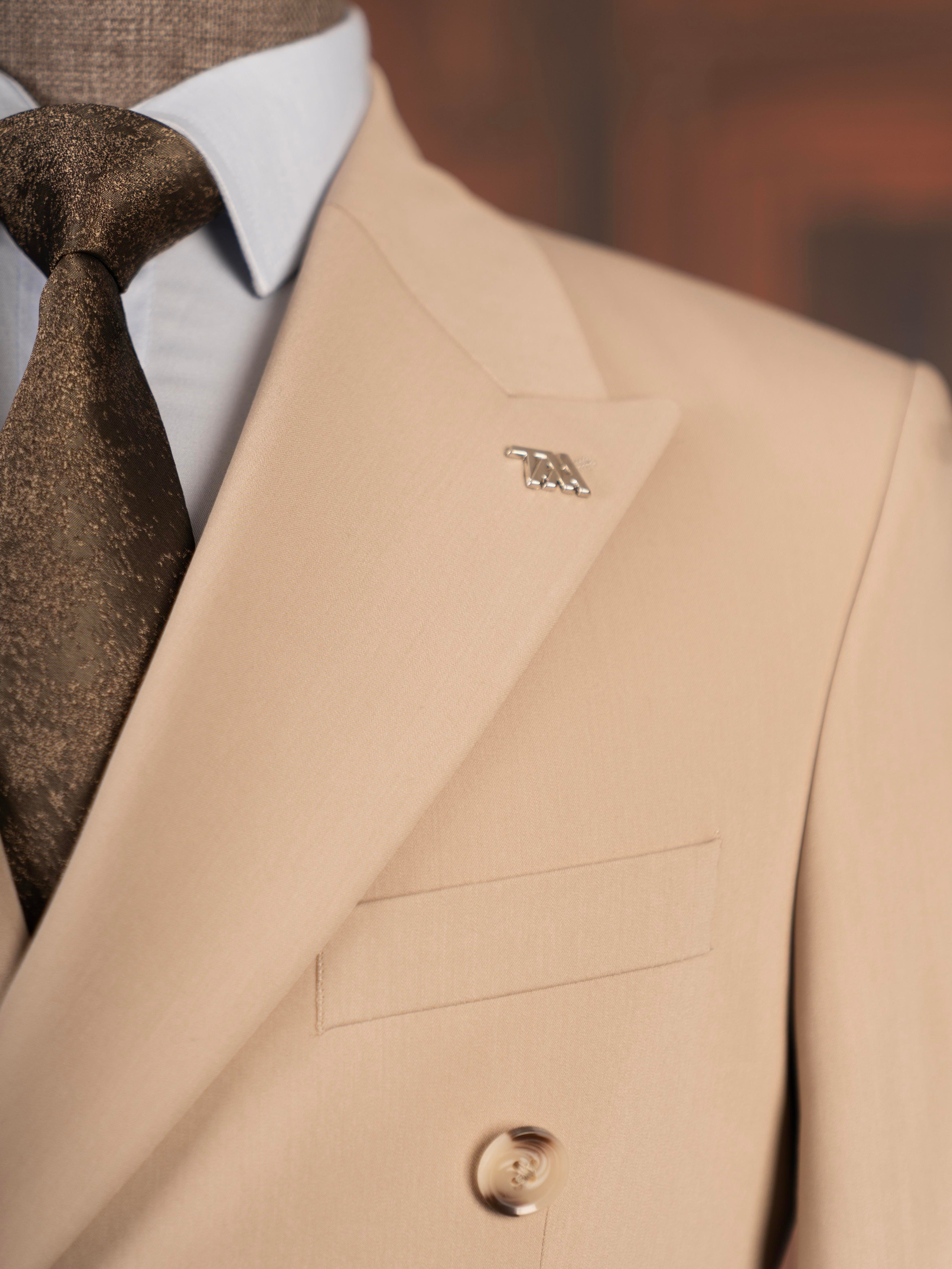 French Cuff Men's Beige Double Breasted 2-Piece Suit