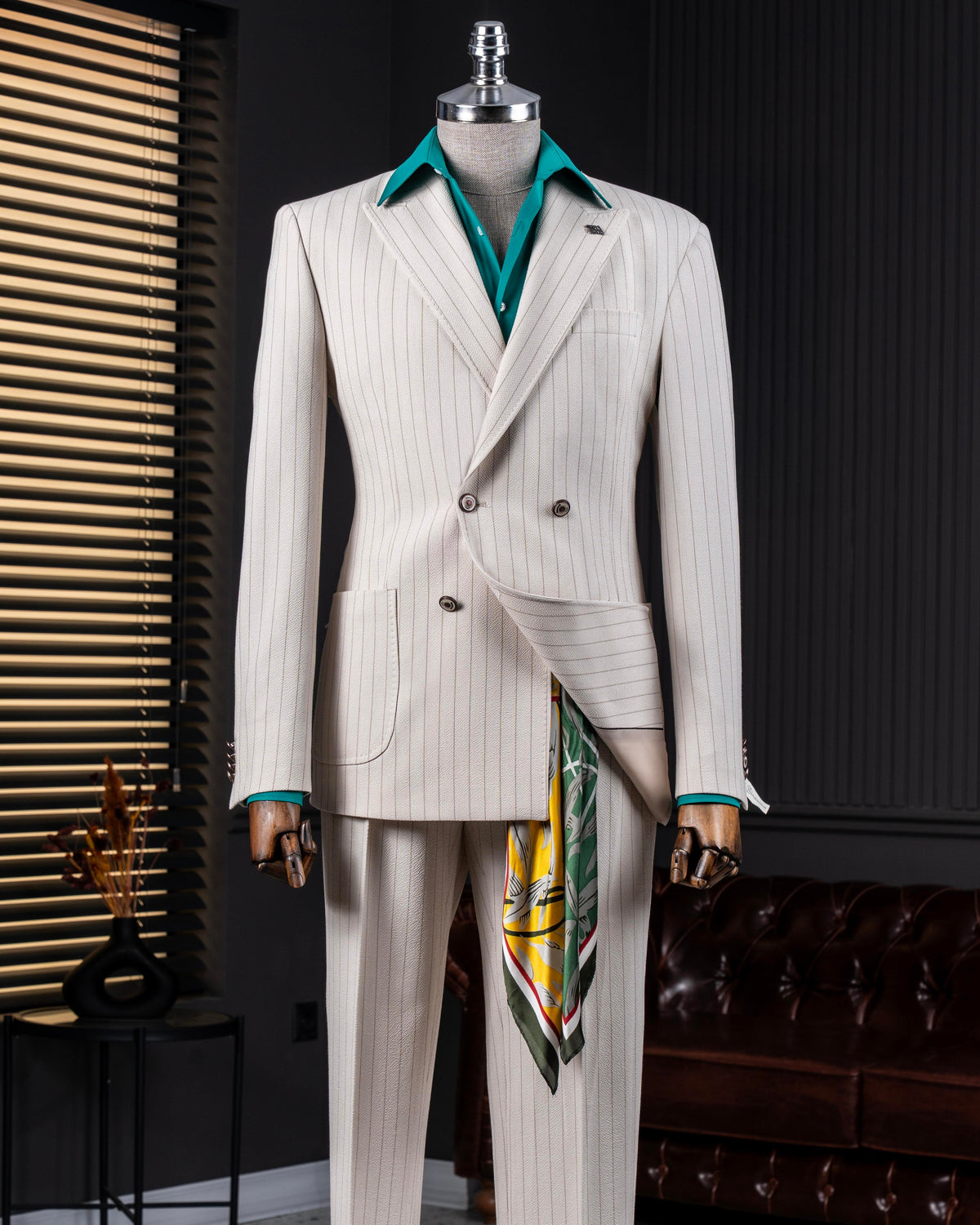 French Cuff Men's White Stripe Double Breasted (Soft-Edge Patch Pocket) 2-Piece Suit (Limited Edition)