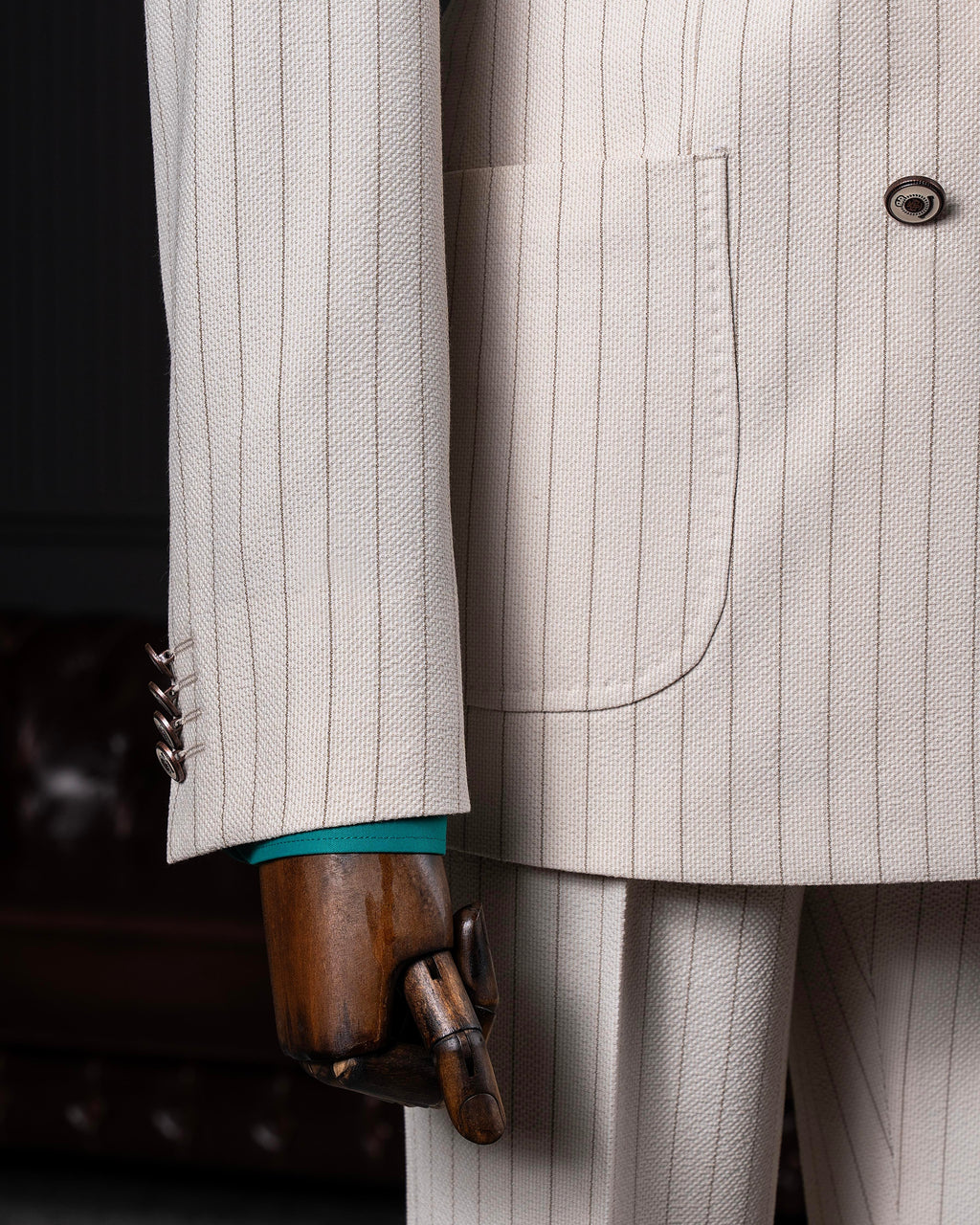 French Cuff Men's White Stripe Double Breasted (Soft-Edge Patch Pocket) 2-Piece Suit (Limited Edition)