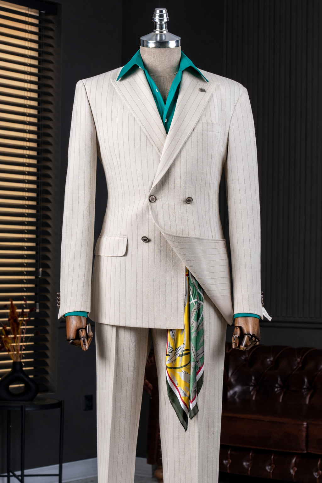 French Cuff Men's White Stripe Double Breasted 2-Piece Suit