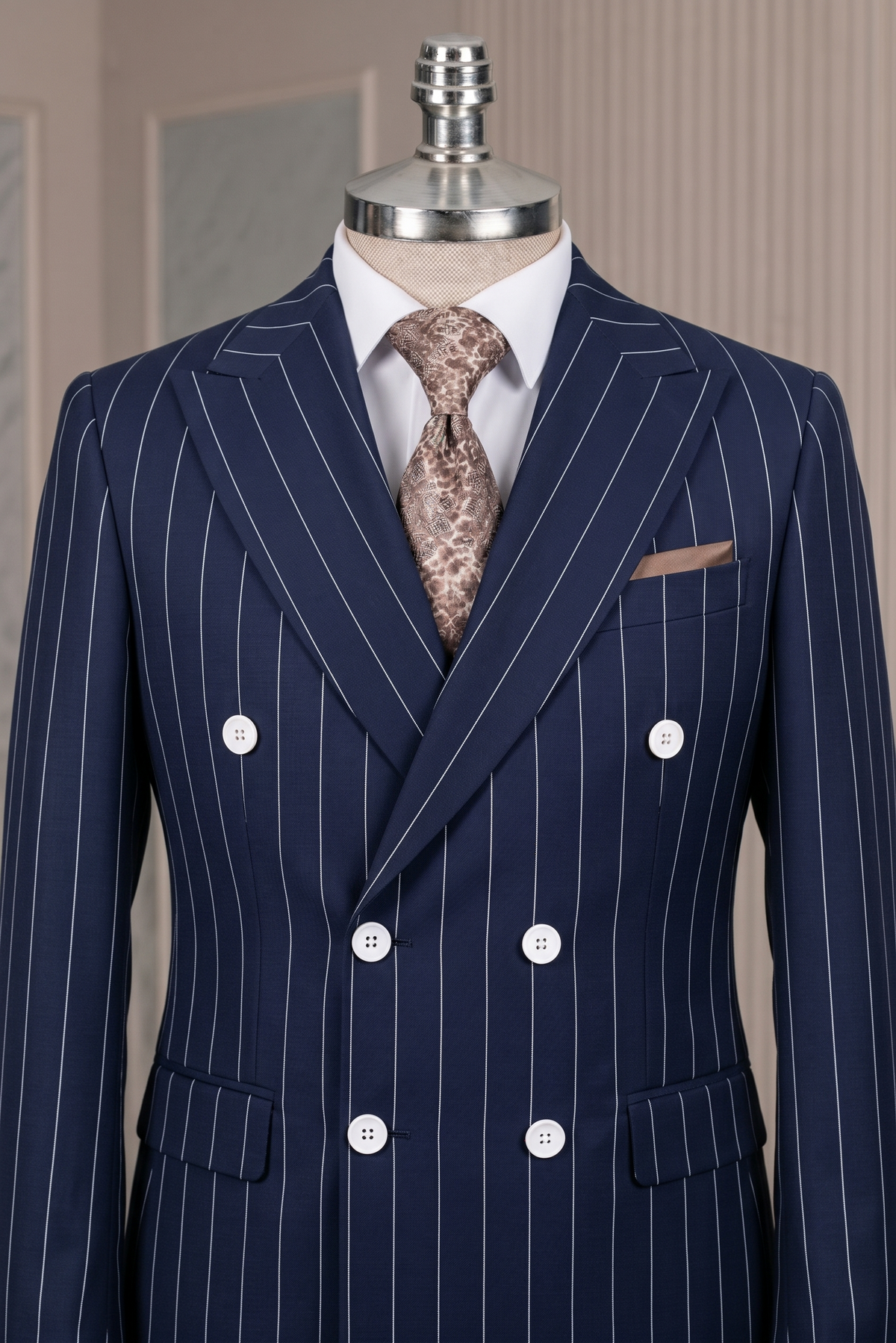 French Cuff Men's Navy Striped Double Breasted Blazer